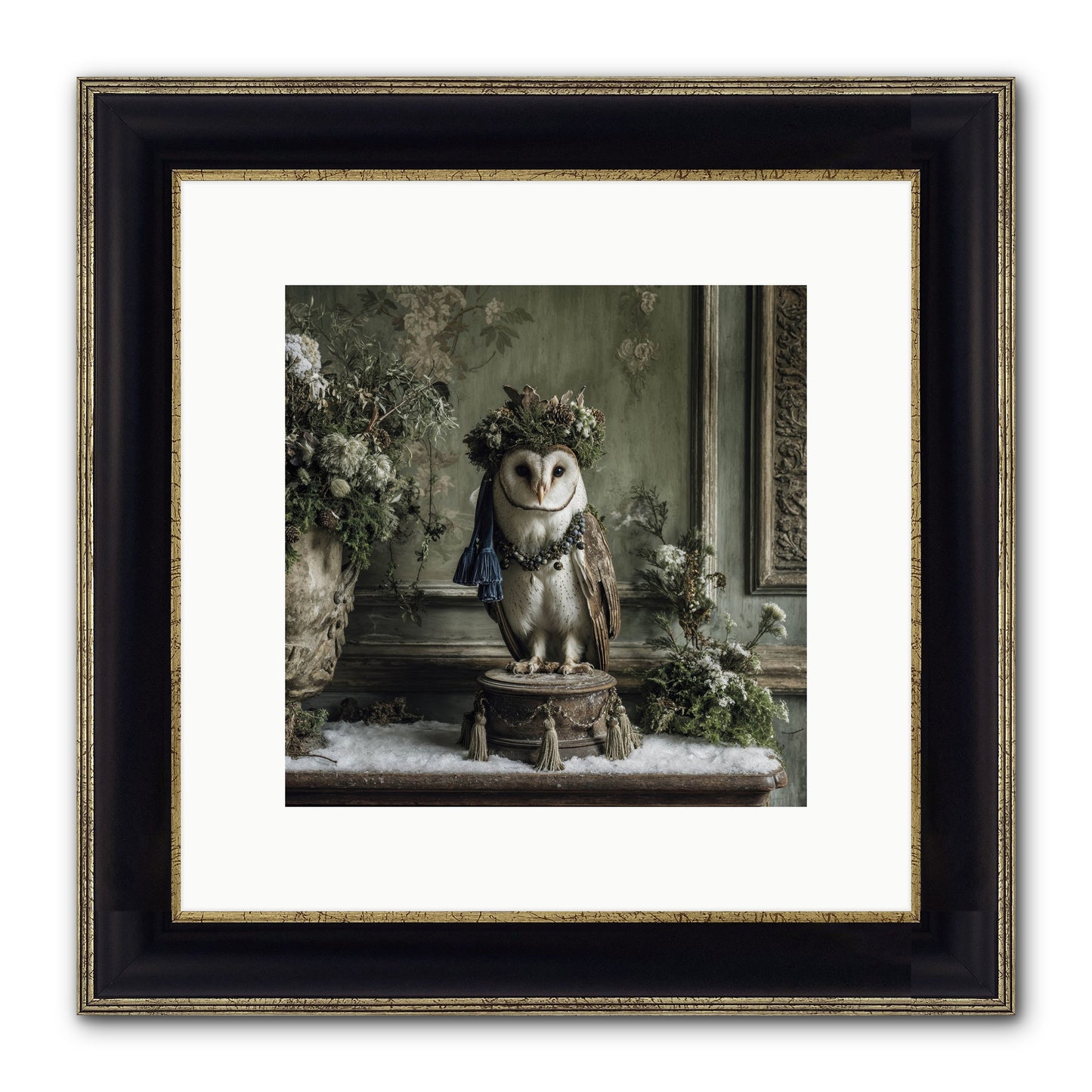 Snowfall Sentinel Framed Print - Black & Gold 10x10