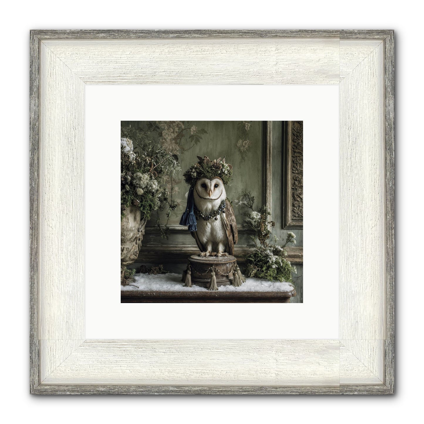 Snowfall Sentinel Framed Print - Driftwood White 10x10
