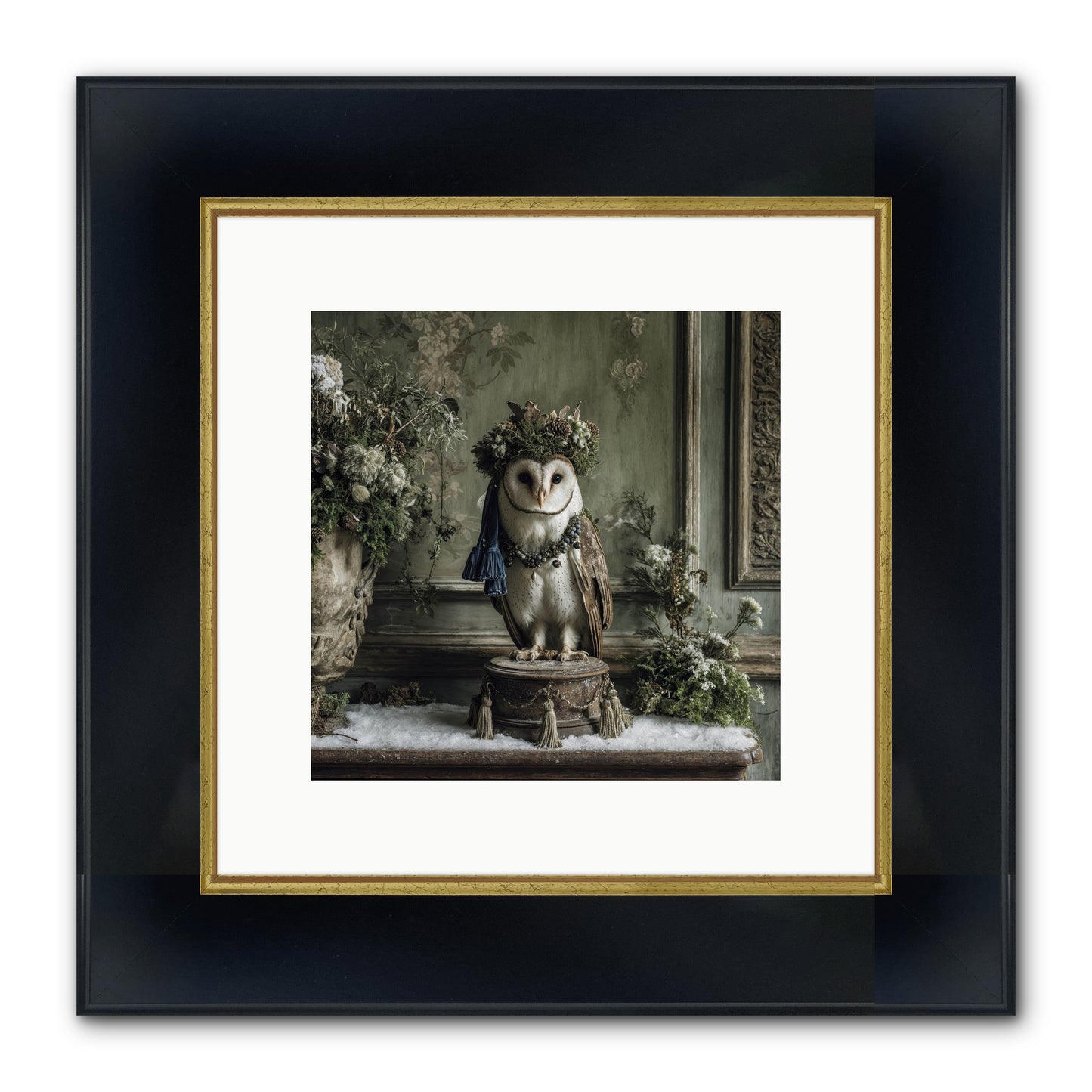 Snowfall Sentinel Framed Print - Wide Black w/Gold 10x10