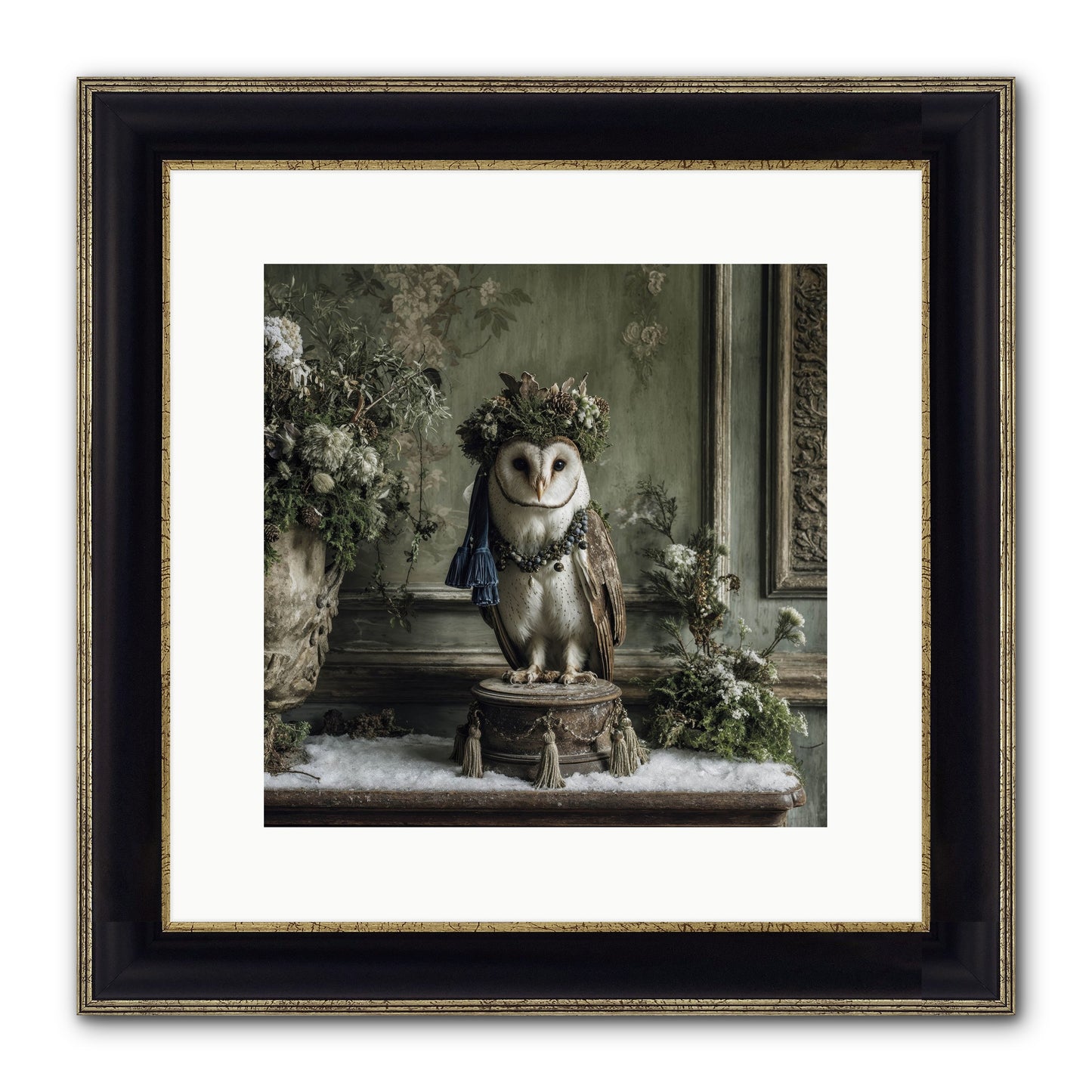 Snowfall Sentinel Framed Print - Black & Gold 12x12