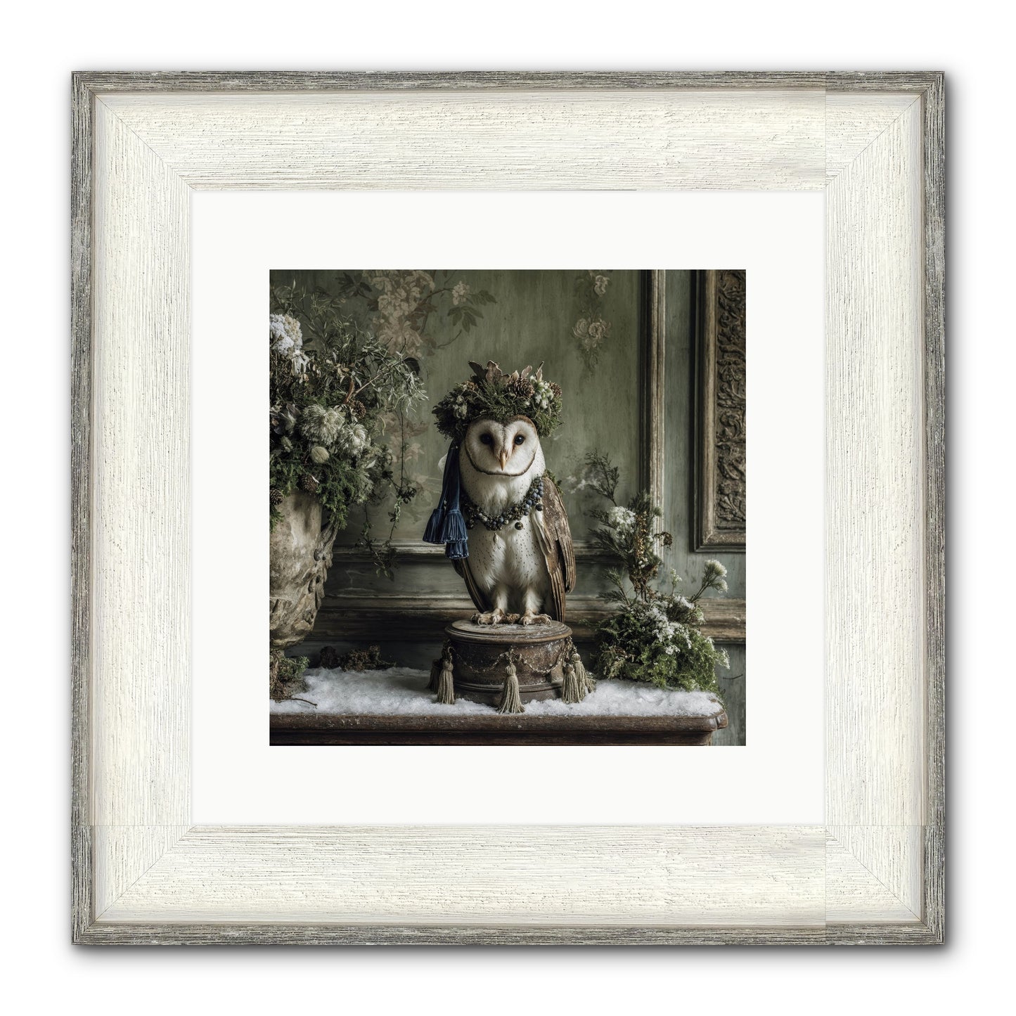 Snowfall Sentinel Framed Print - Driftwood White 12x12