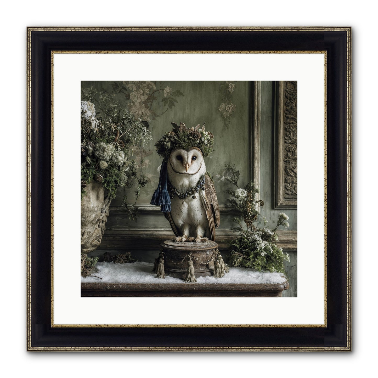 Snowfall Sentinel Framed Print - Black & Gold 16x16