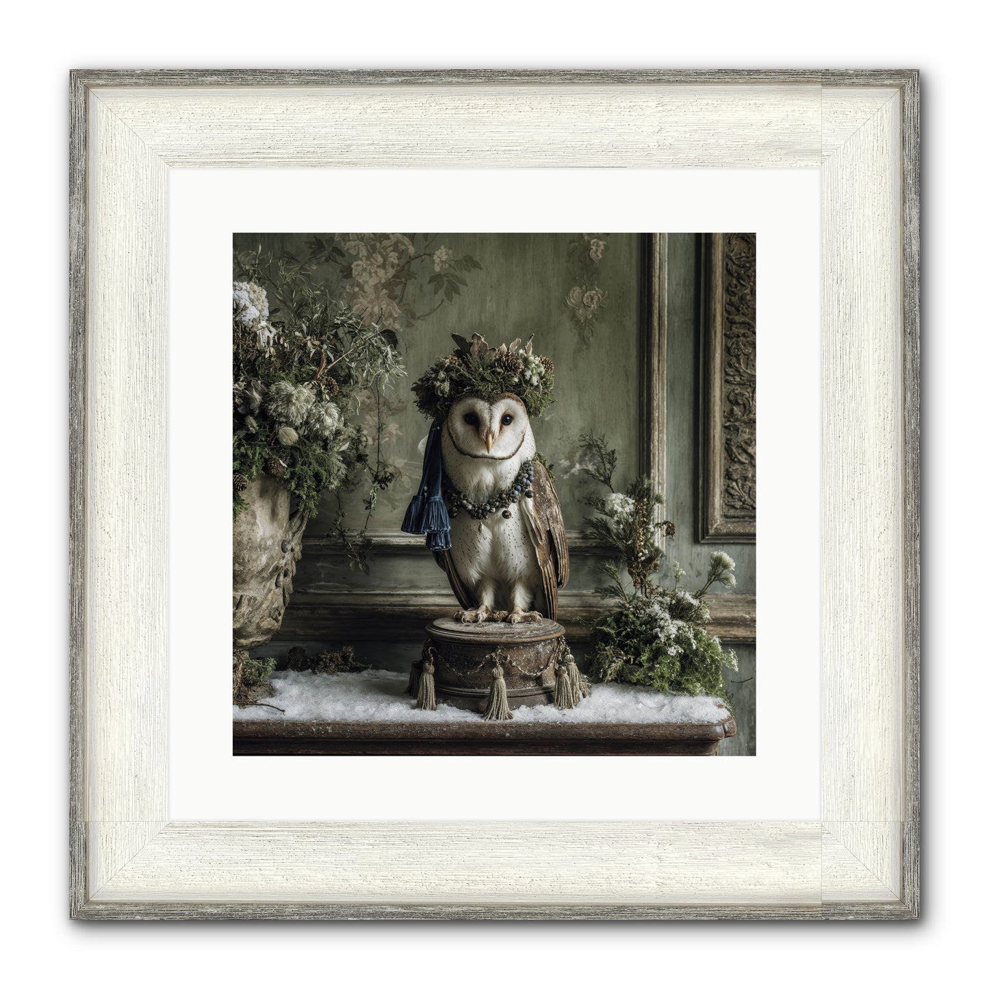 Snowfall Sentinel Framed Print - Driftwood White 16x16