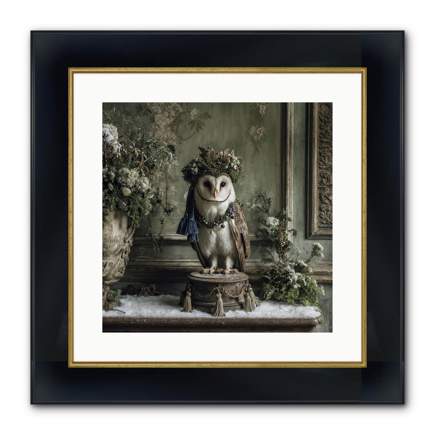 Snowfall Sentinel Framed Print - Wide Black w/Gold 16x16