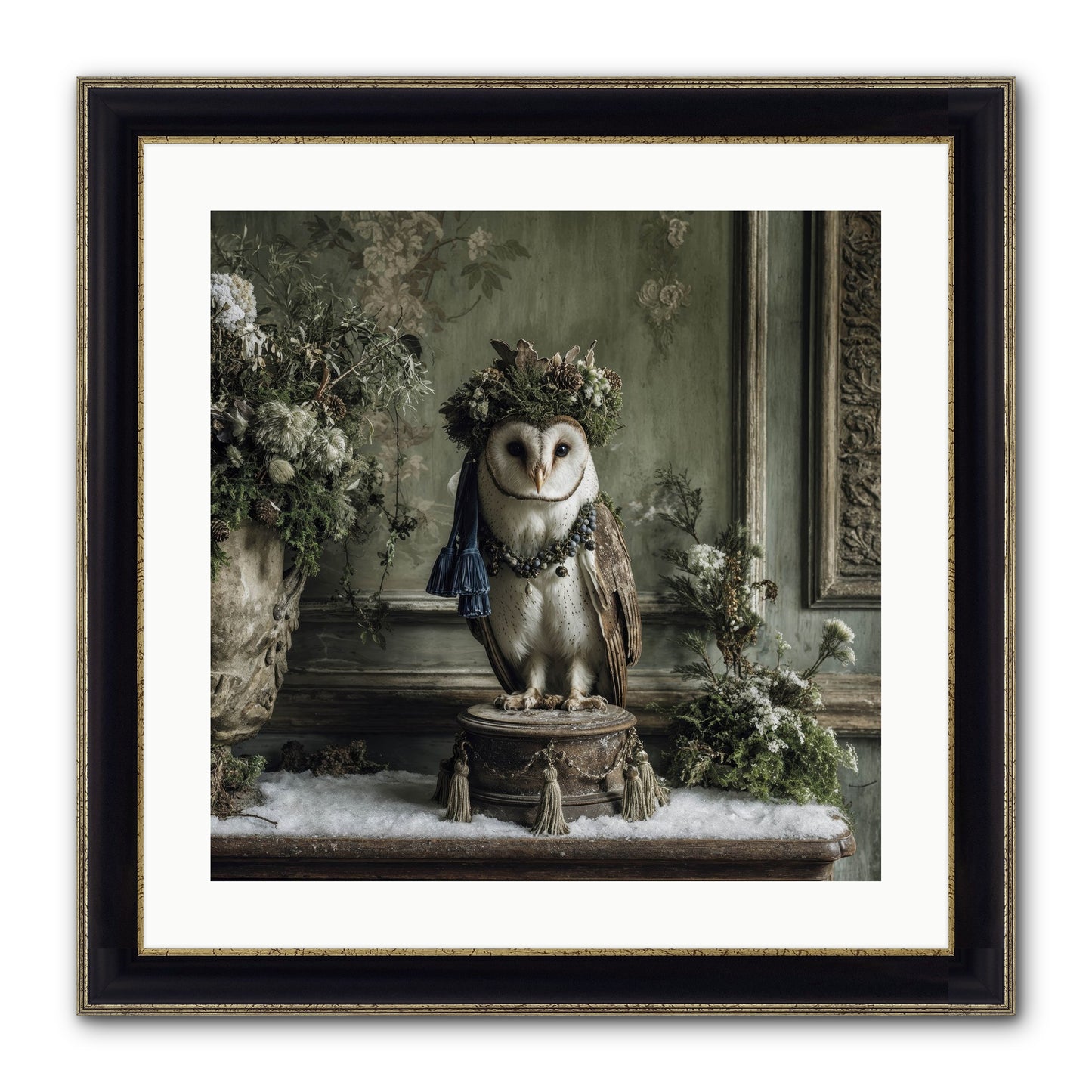 Snowfall Sentinel Framed Print - Black & Gold 20x20
