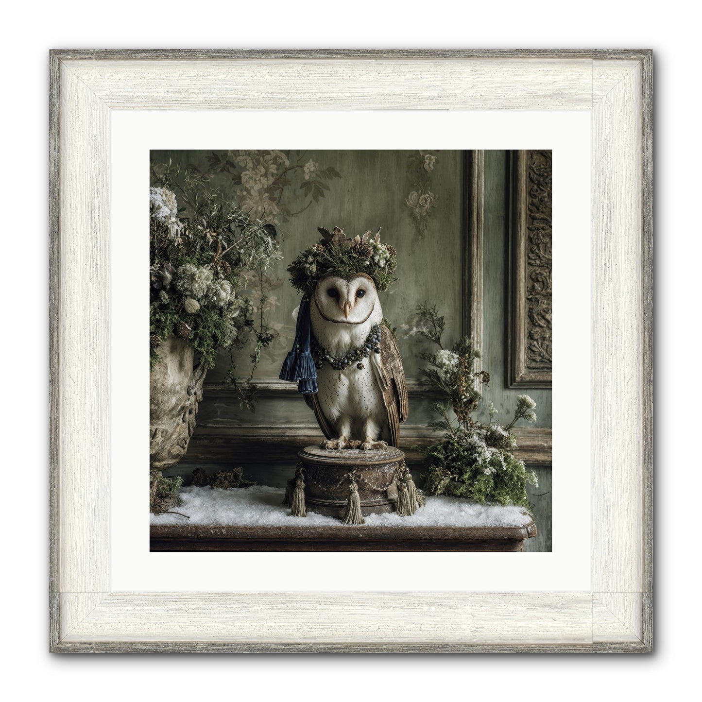 Snowfall Sentinel Framed Print - Driftwood White 20x20