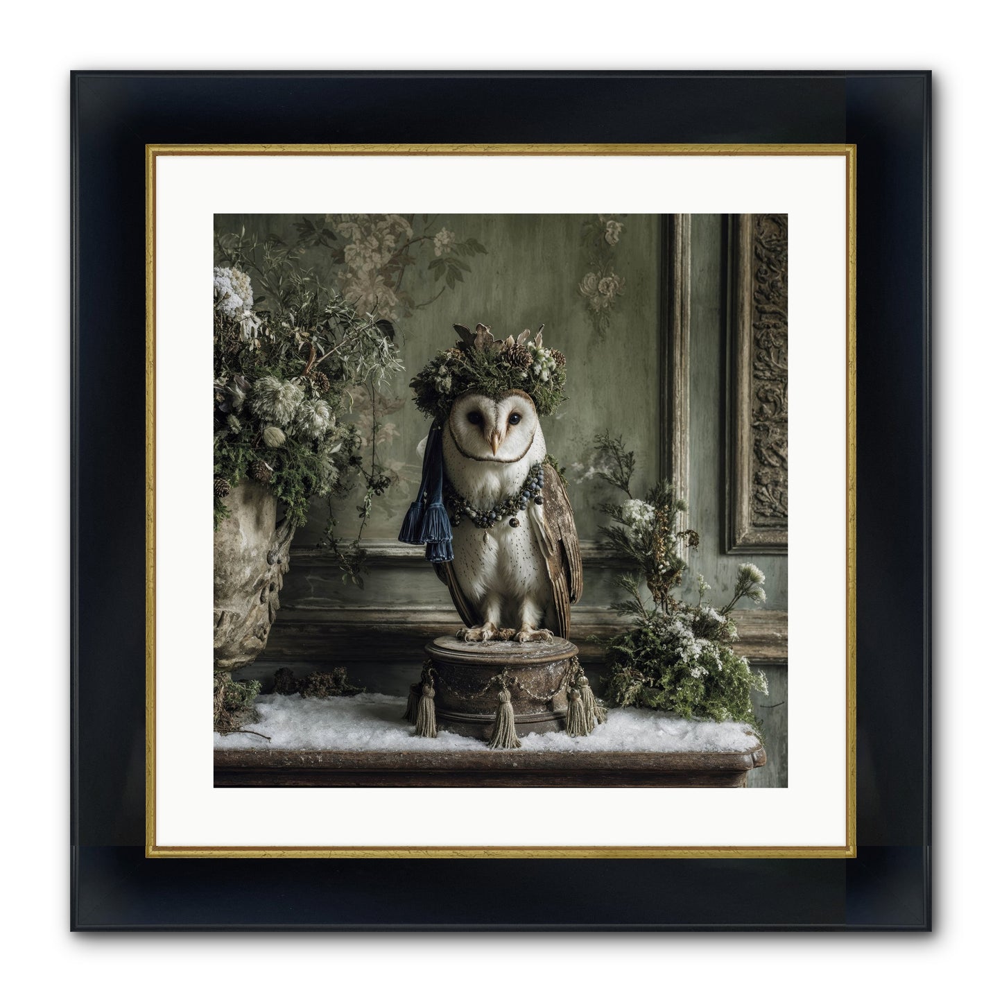 Snowfall Sentinel Framed Print - Wide Black w/Gold 20x20