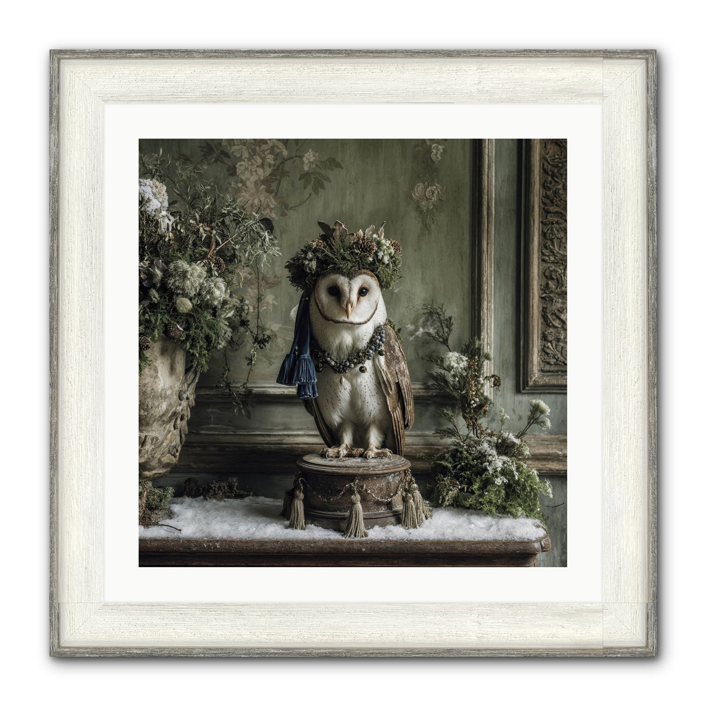 Snowfall Sentinel Framed Print - Driftwood White 24x24
