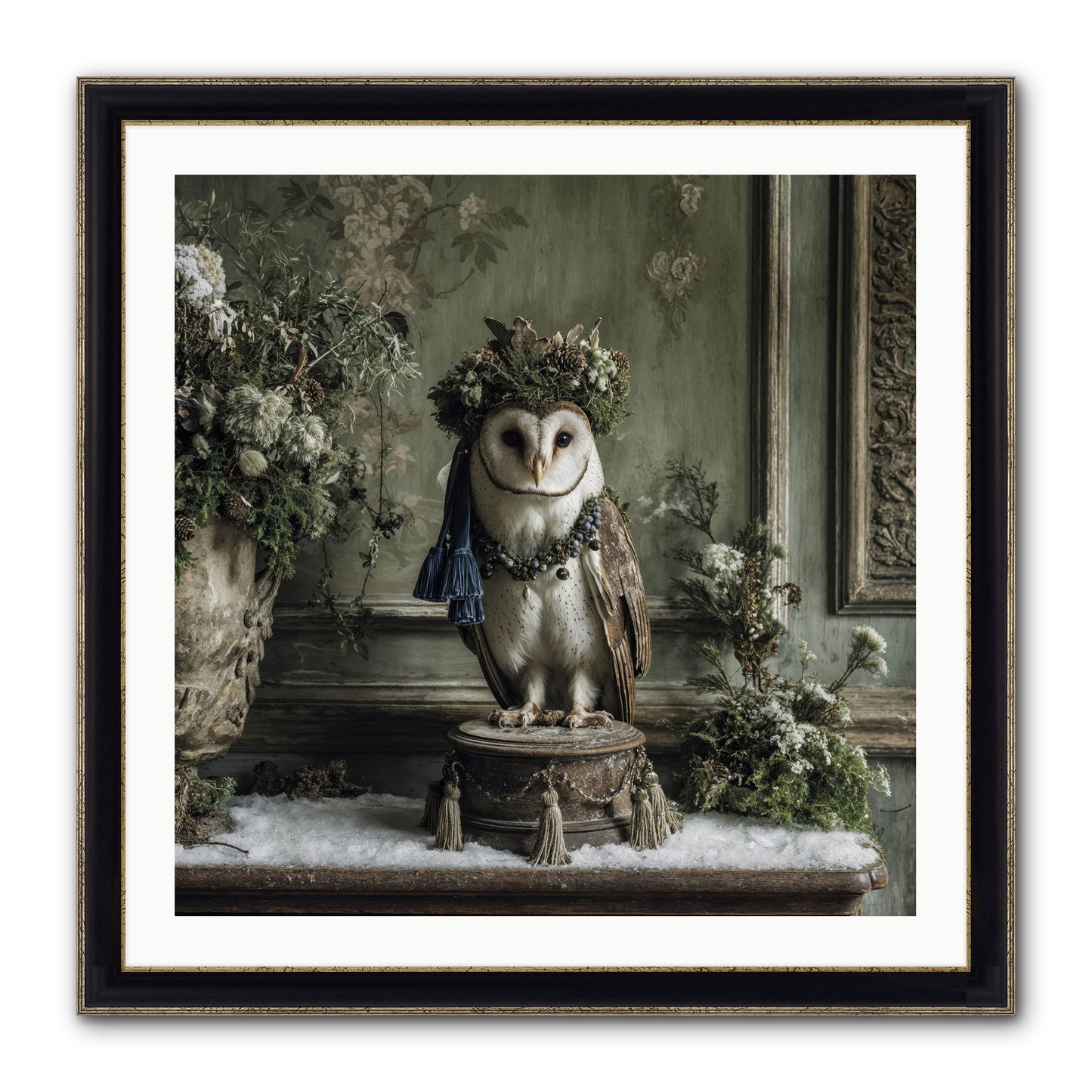 Snowfall Sentinel Framed Print - Black & Gold 30x30