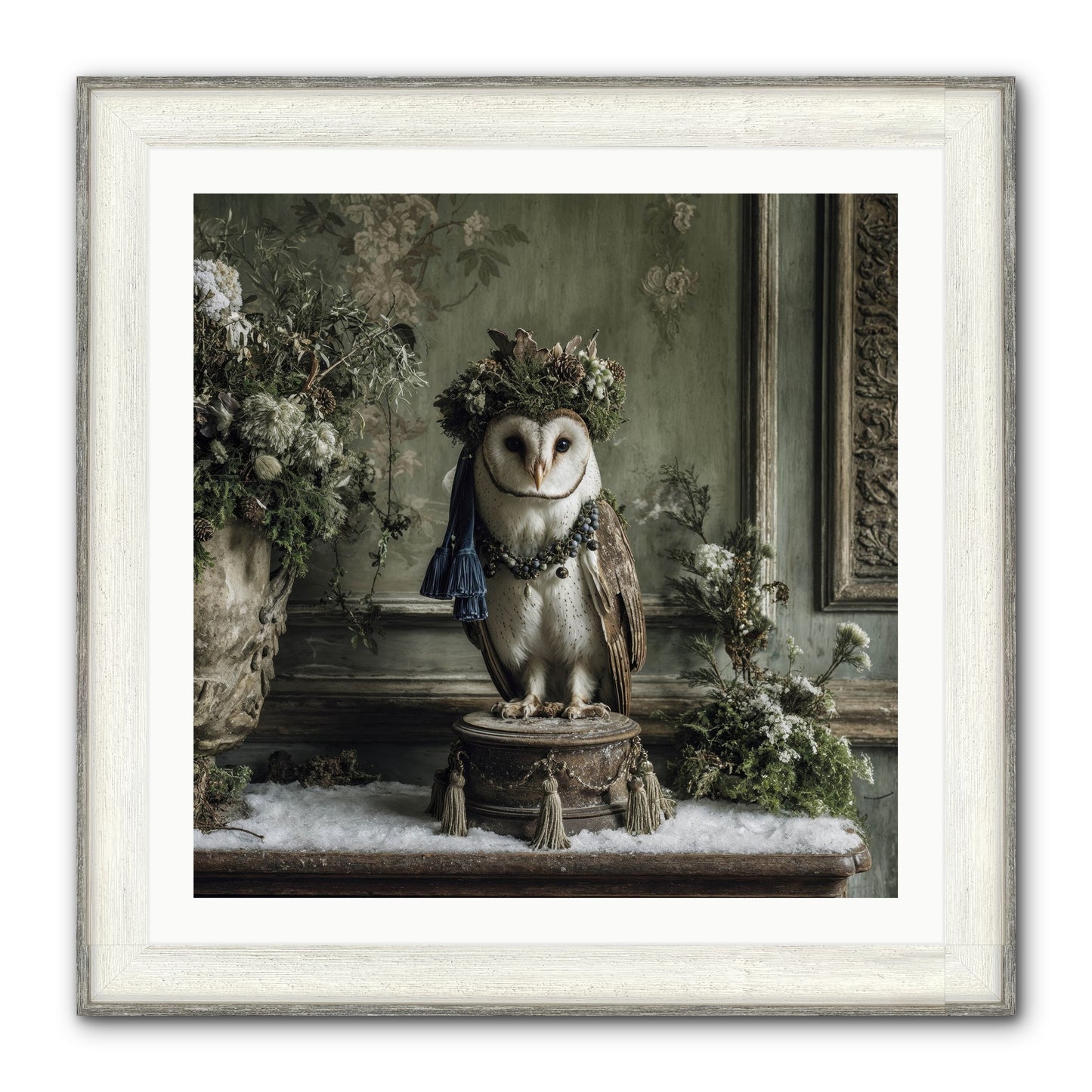 Snowfall Sentinel Framed Print - Driftwood White 30x30