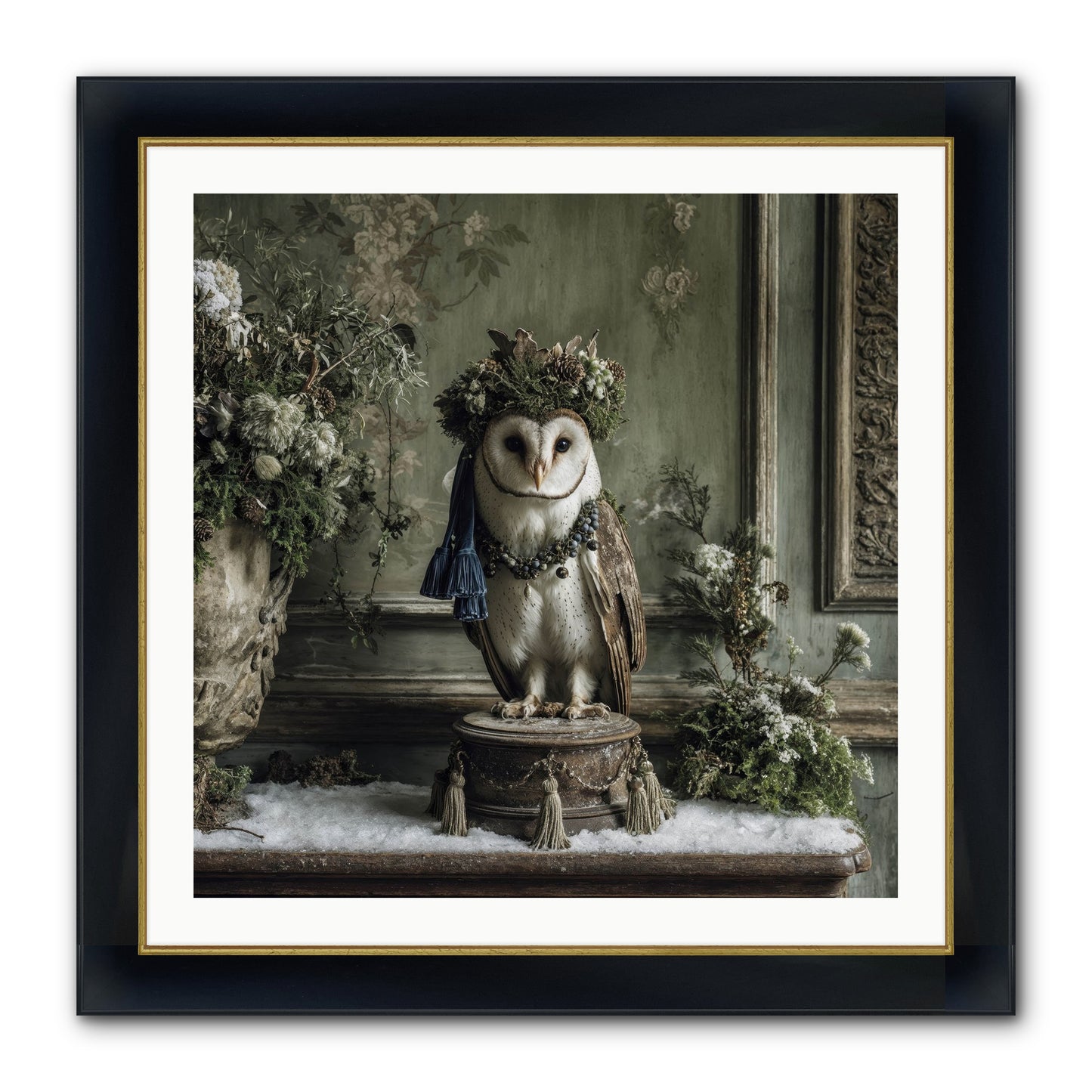 Snowfall Sentinel Framed Print - Wide Black w/Gold 30x30