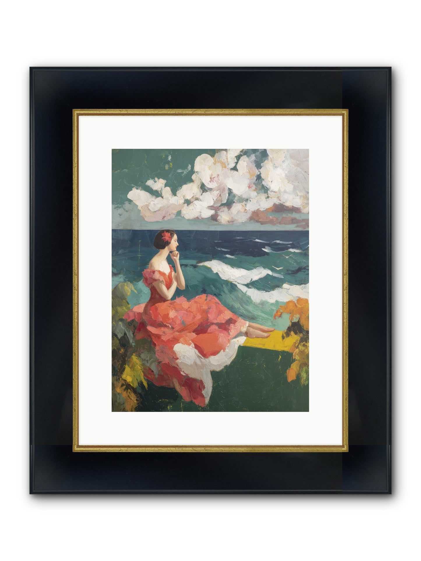 Sorrento Seascapes Framed Print - Wide Black w/Gold 12x16