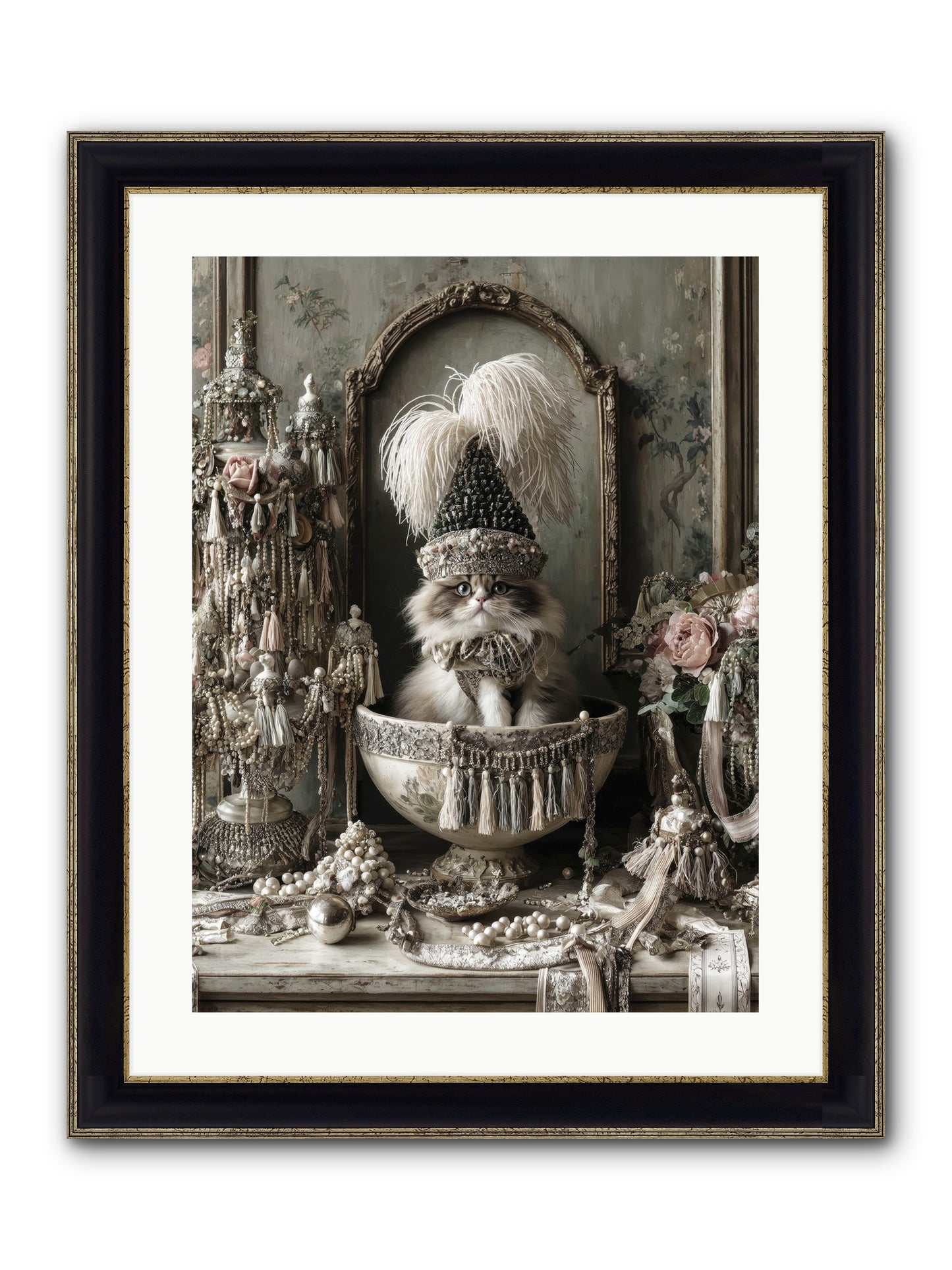Sparkling Whiskers & Purrs Framed Print - Black & Gold 18x24