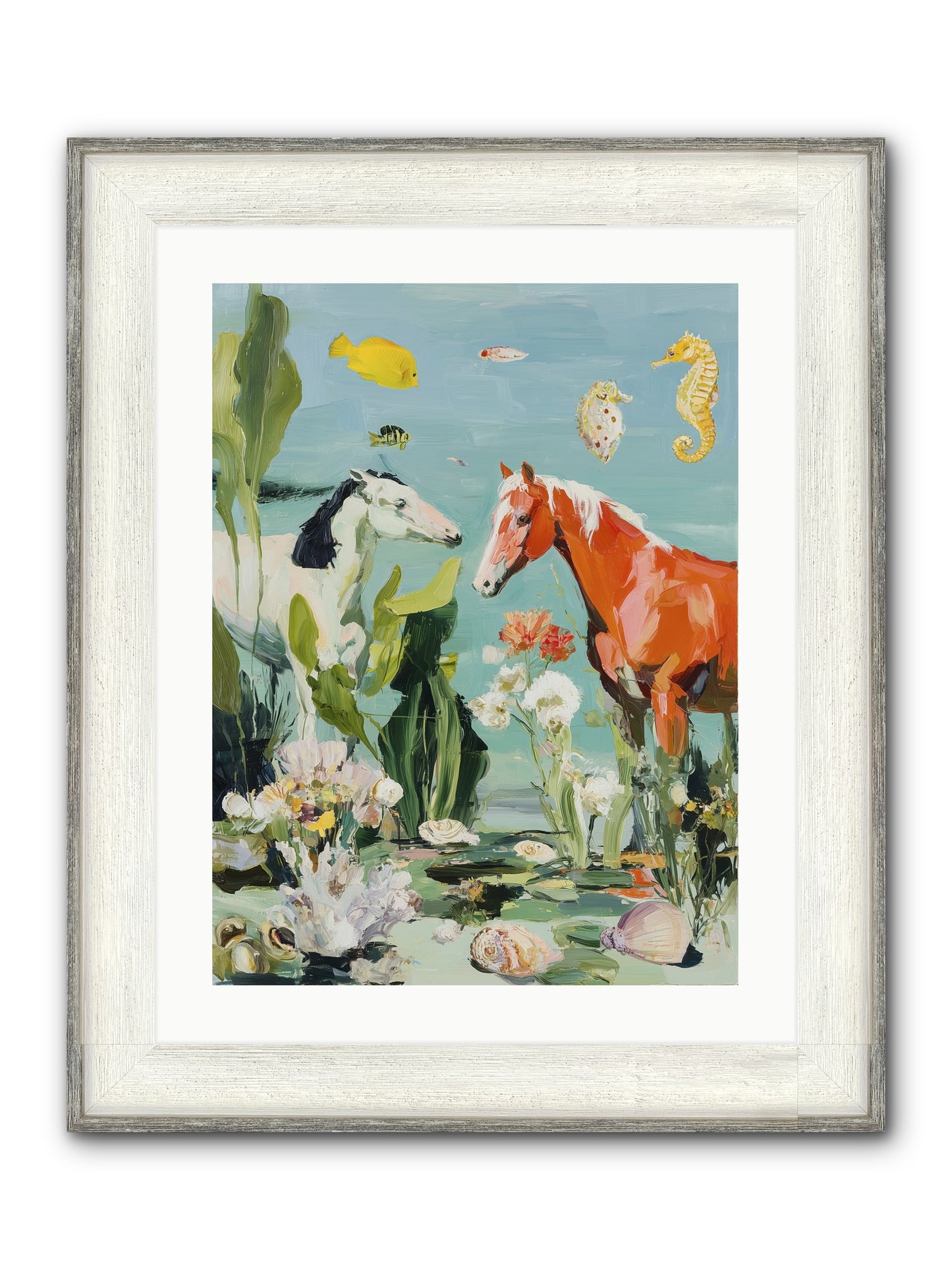 Stallions Of The Deep Framed Print - Driftwood White 18x24
