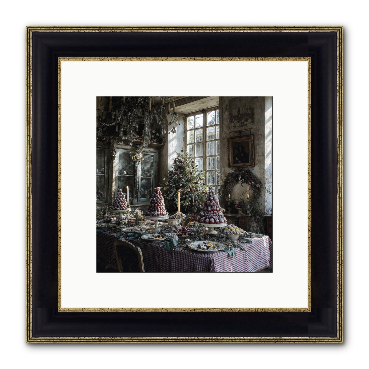 Stardust & Snowflakes Framed Print - Black & Gold 10x10