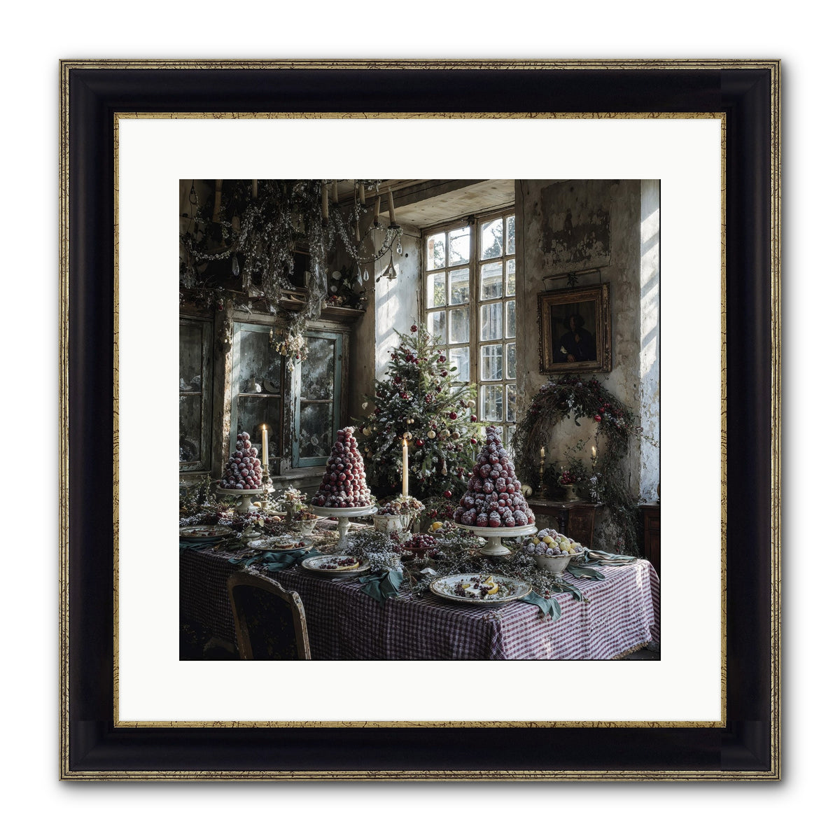 Stardust & Snowflakes Framed Print - Black & Gold 16x16