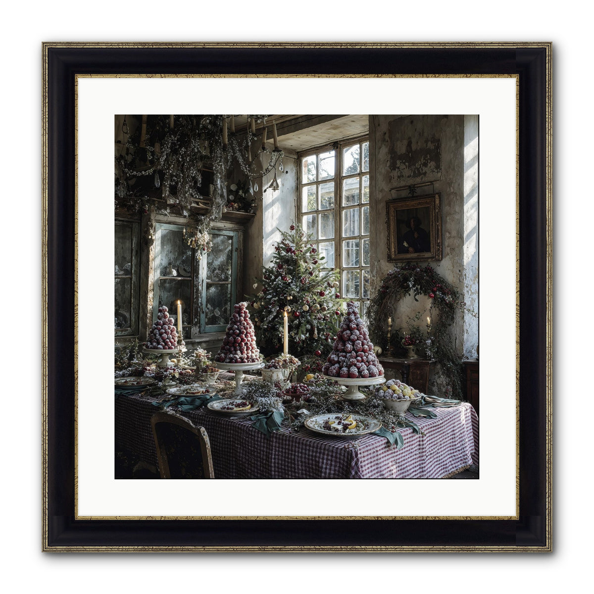 Stardust & Snowflakes Framed Print - Black & Gold 20x20