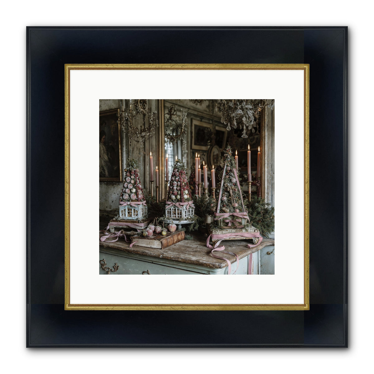 Sugarplum Village Square Framed Print - Wide Black w/Gold 12x12
