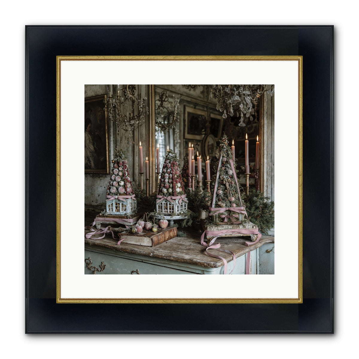 Sugarplum Village Square Framed Print - Wide Black w/Gold 16x16