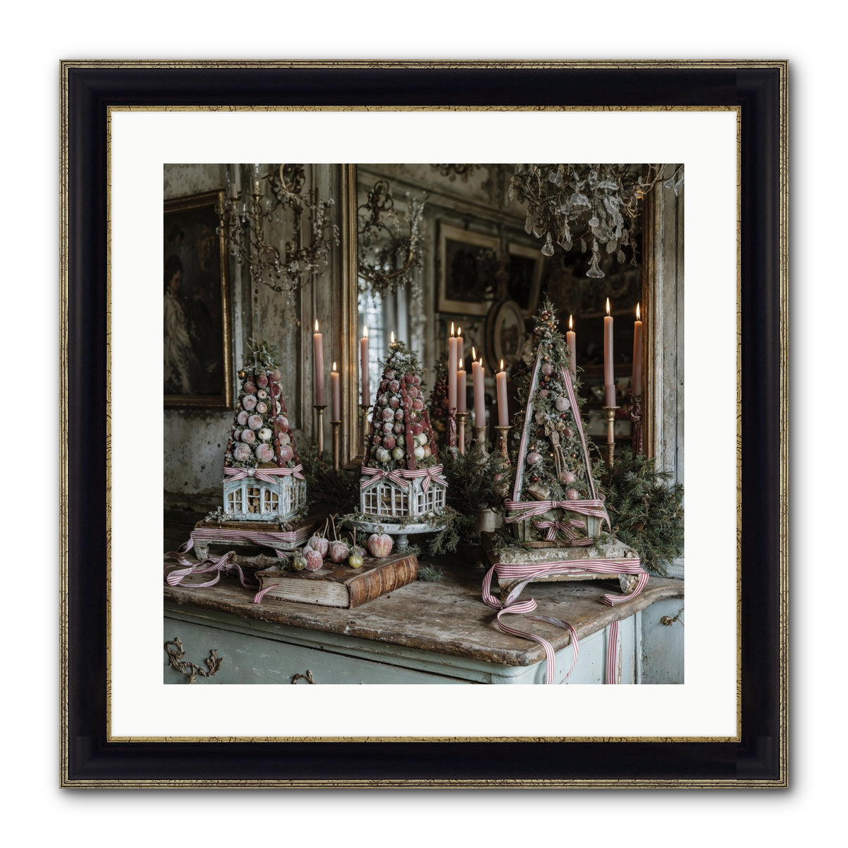 Sugarplum Village Square Framed Print - Black & Gold 20x20