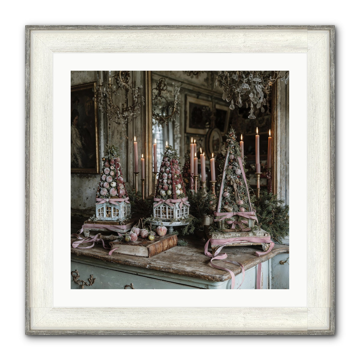 Sugarplum Village Square Framed Print - Driftwood White 24x24