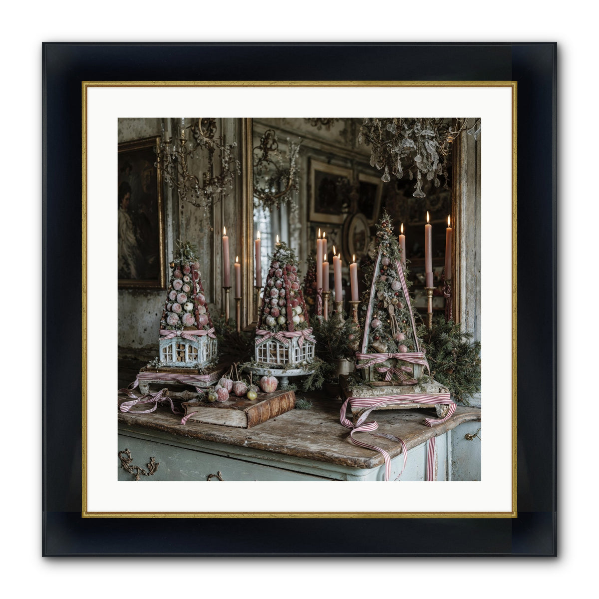 Sugarplum Village Square Framed Print - Wide Black w/Gold 24x24