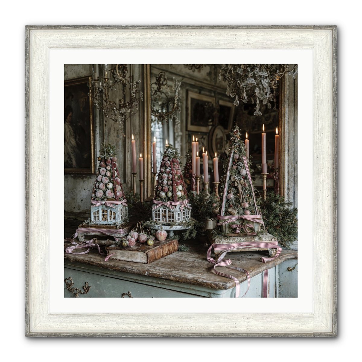 Sugarplum Village Square Framed Print - Driftwood White 30x30
