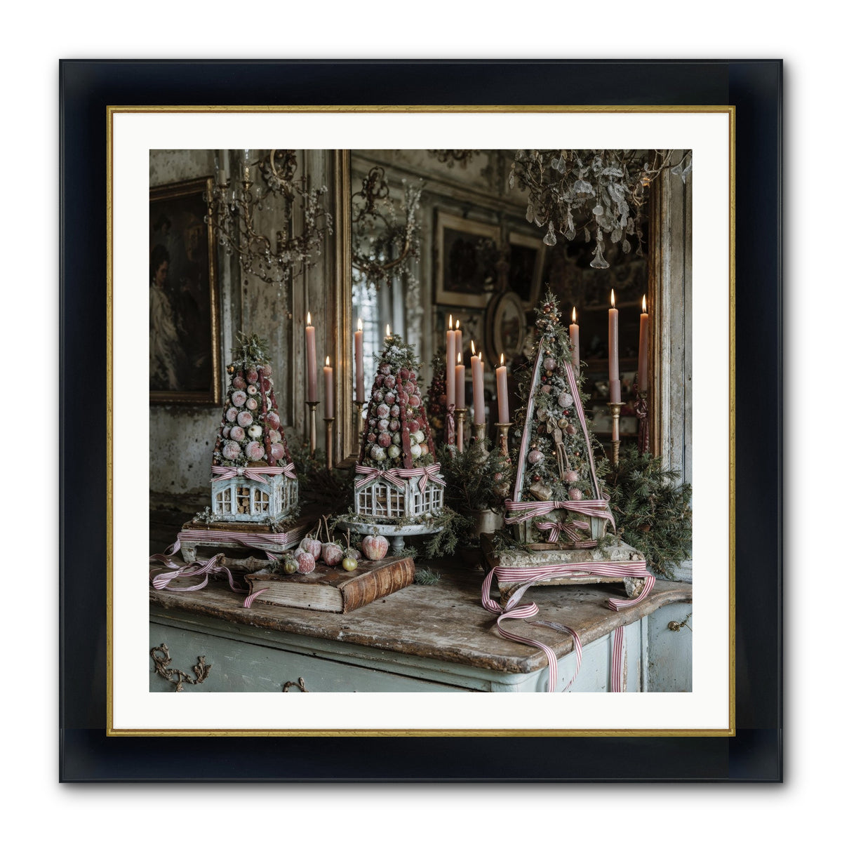 Sugarplum Village Square Framed Print - Wide Black w/Gold 30x30