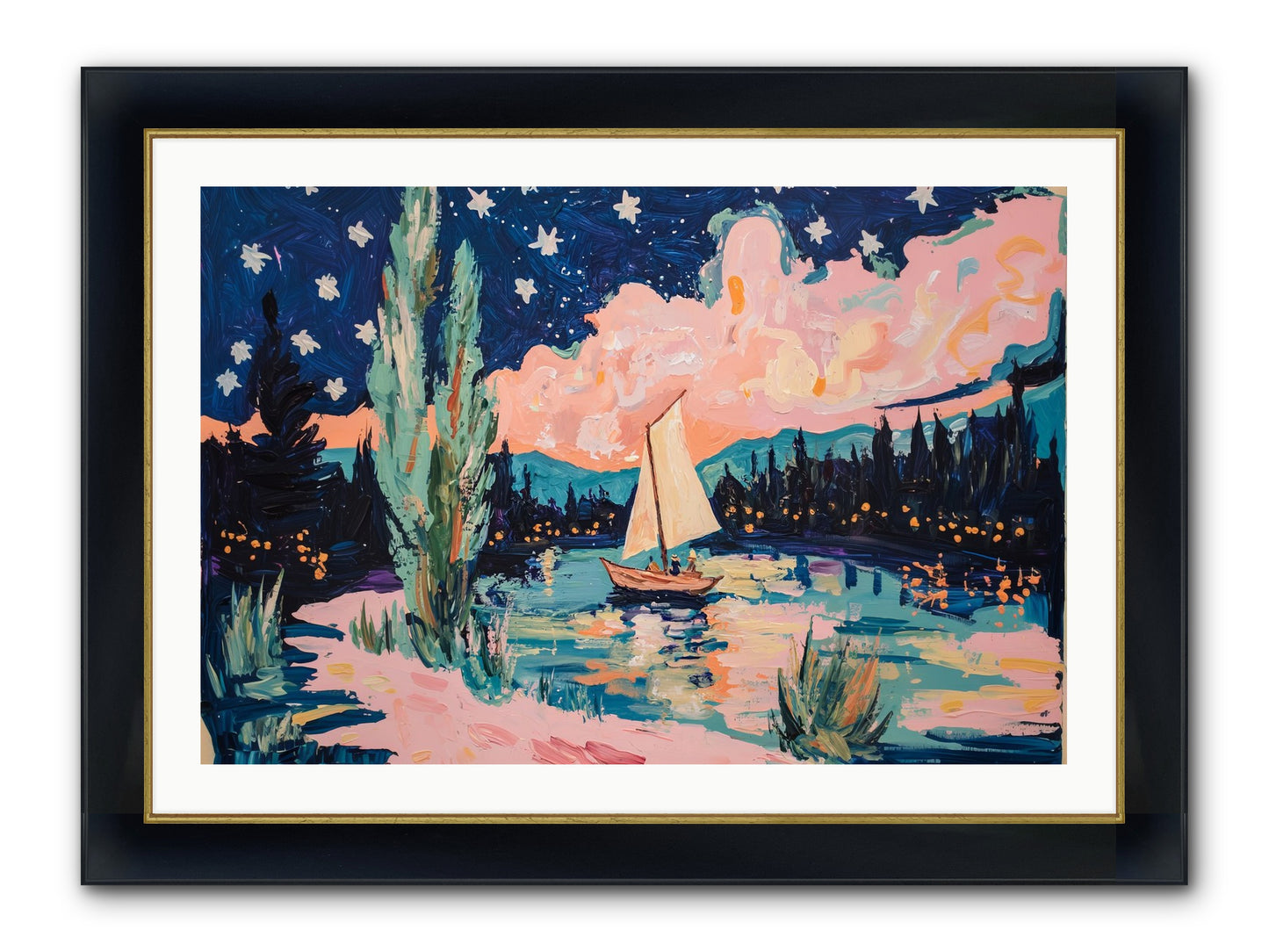 Summer Sails No. 1 Framed Print - Wide Black w/Gold 36x24