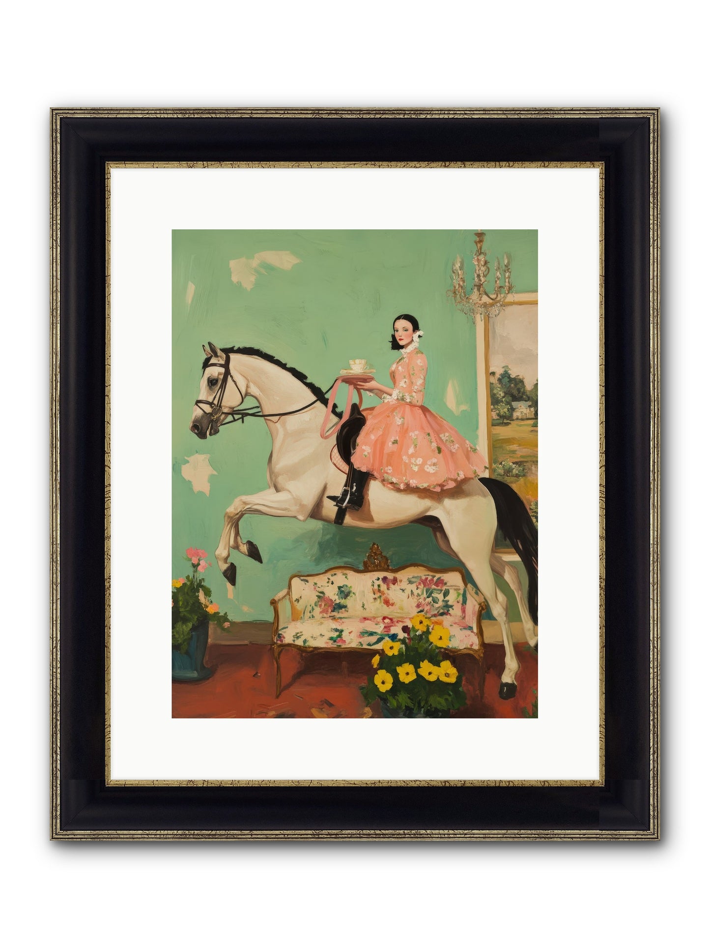 Tea Time Takes Wing Framed Print - Black & Gold 12x16