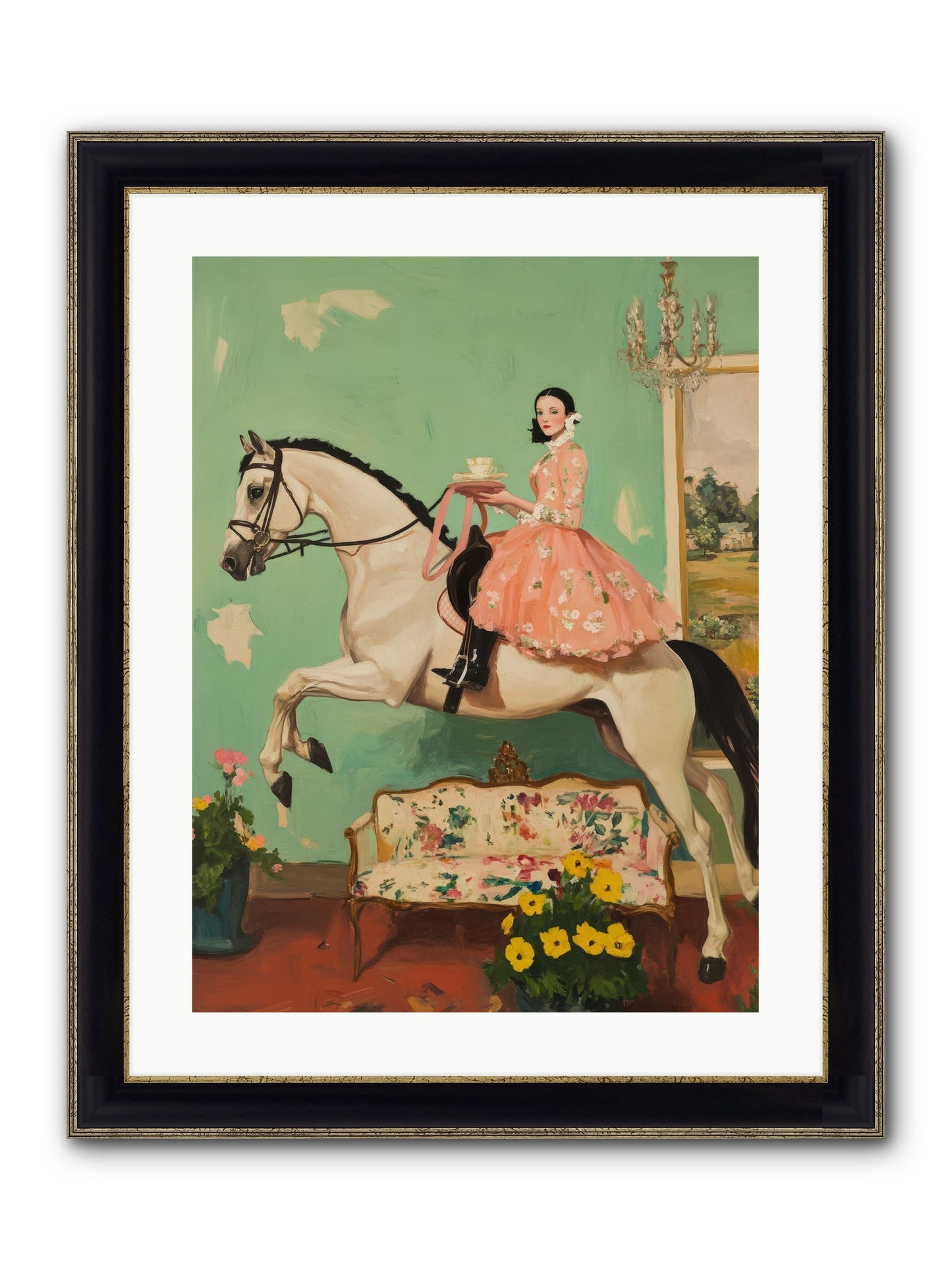 Tea Time Takes Wing Framed Print - Black & Gold 18x24
