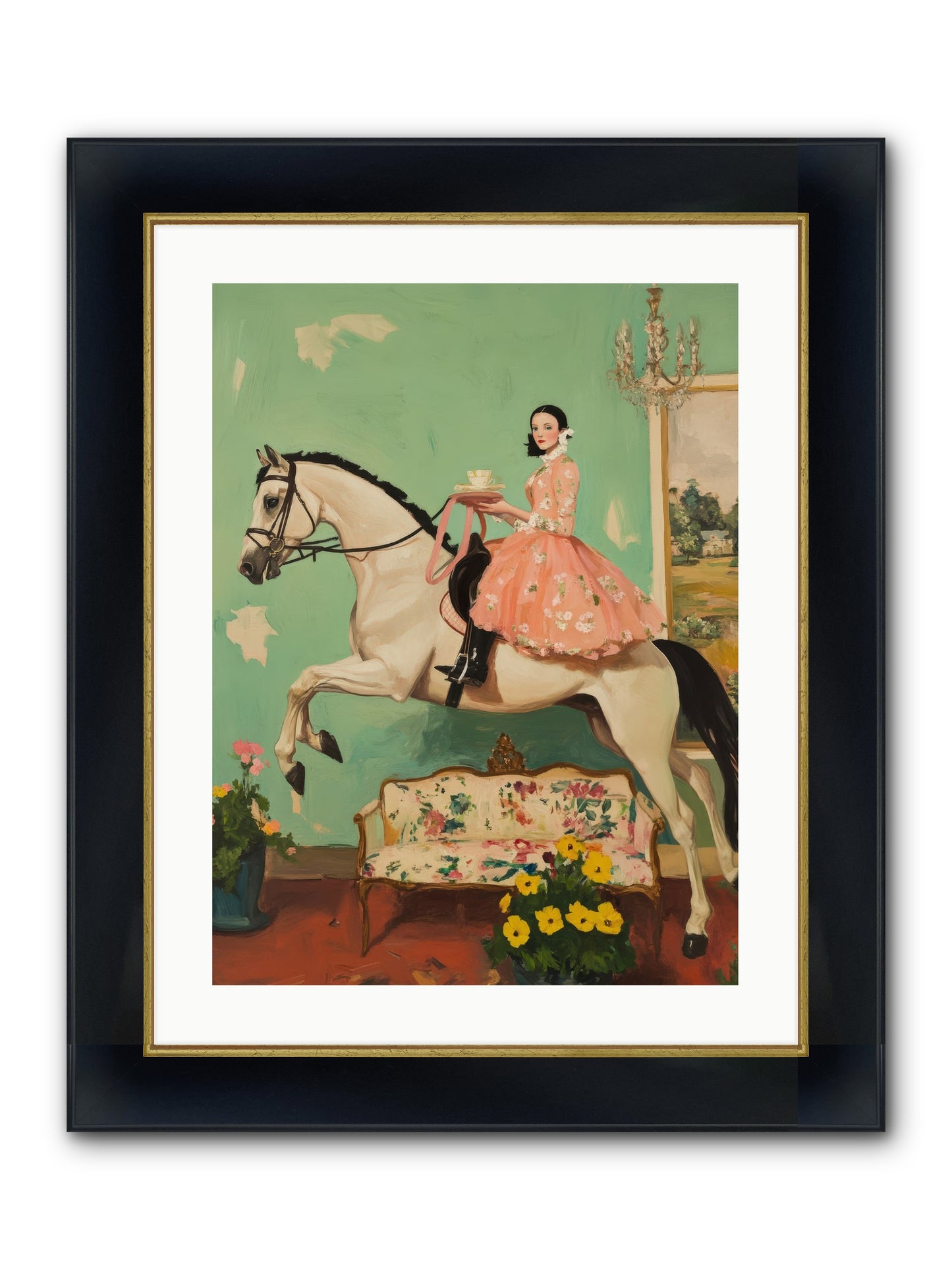 Tea Time Takes Wing Framed Print - Wide Black w/Gold 18x24