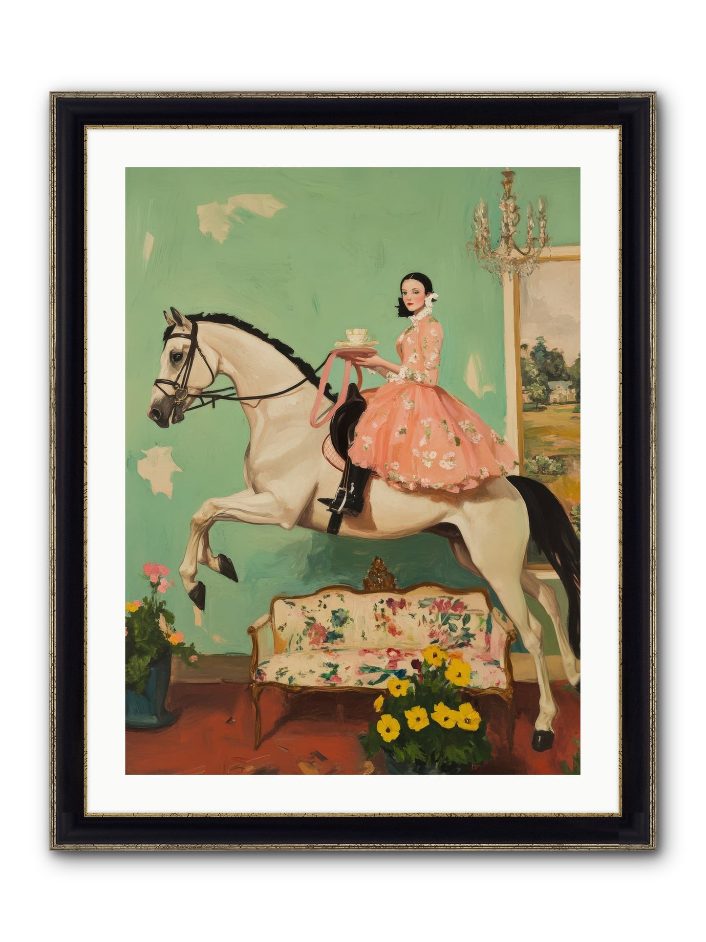 Tea Time Takes Wing Framed Print - Black & Gold 24x32
