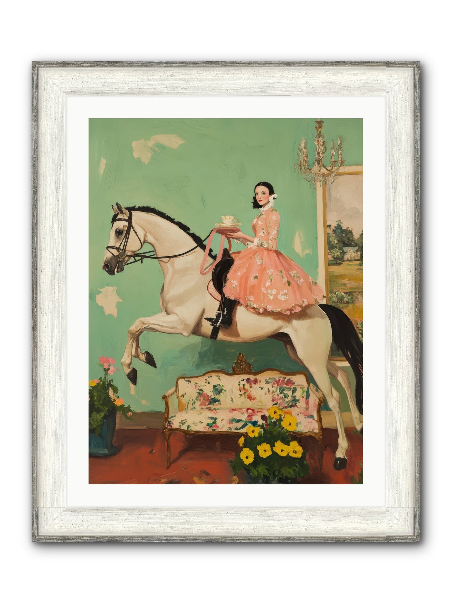 Tea Time Takes Wing Framed Print - Driftwood White 24x32