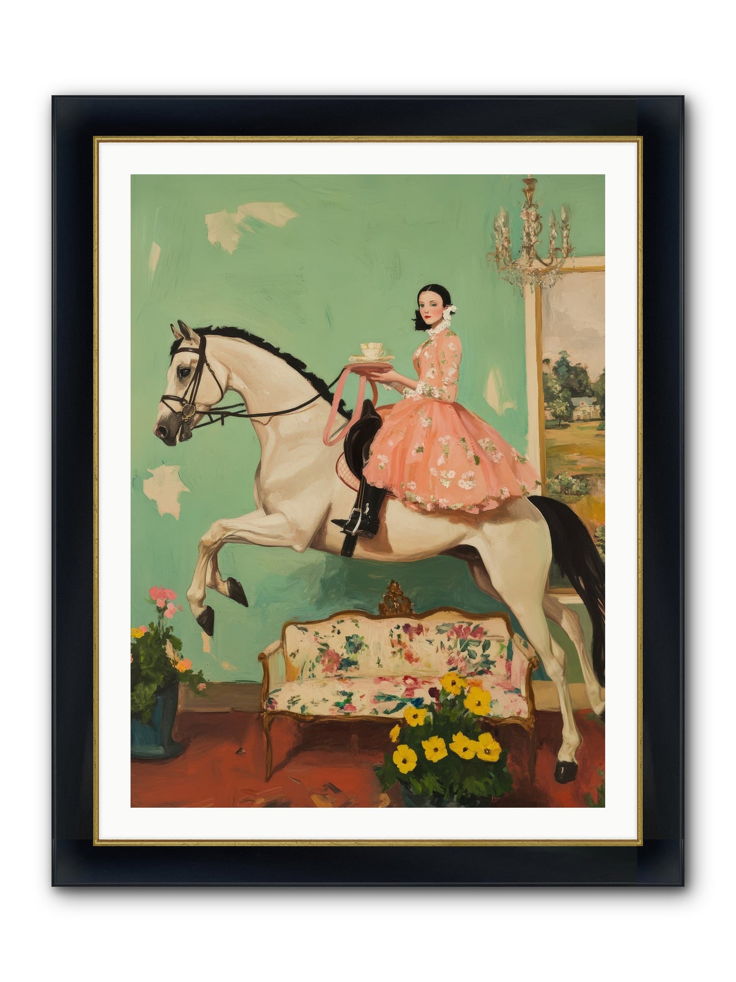 Tea Time Takes Wing Framed Print - Wide Black w/Gold 30x40