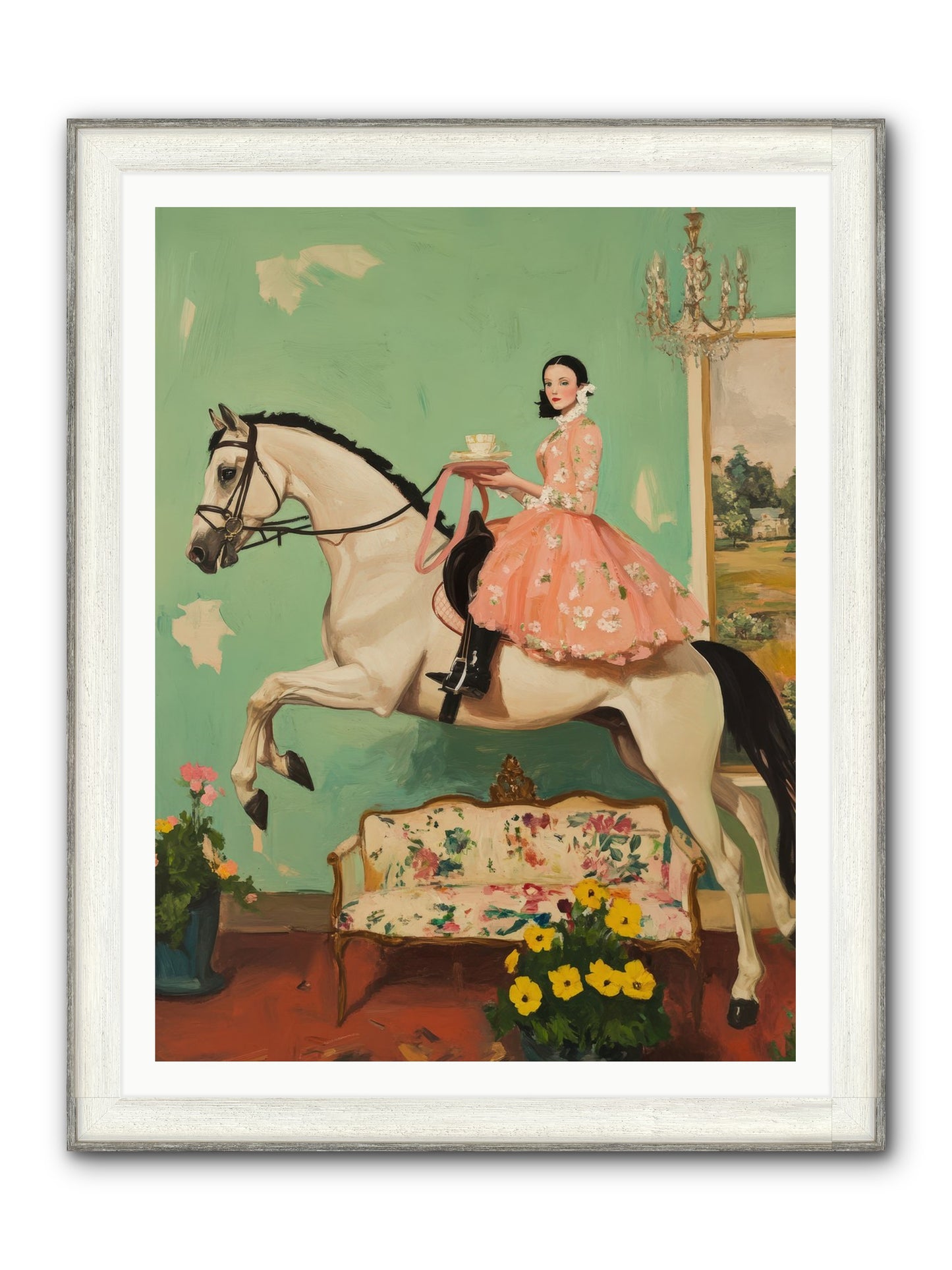 Tea Time Takes Wing Framed Print - Driftwood White 36x48