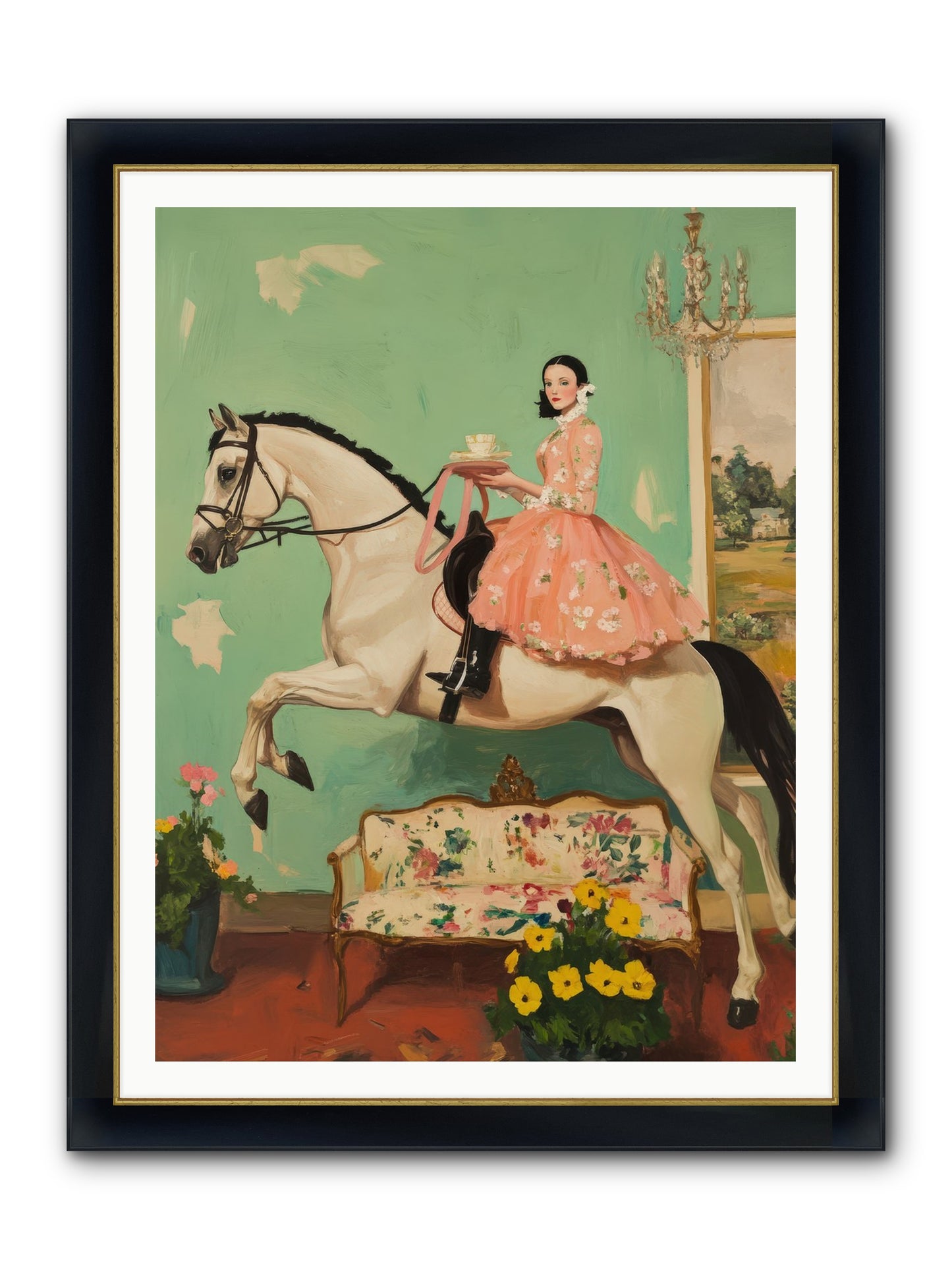 Tea Time Takes Wing Framed Print - Wide Black w/Gold 36x48