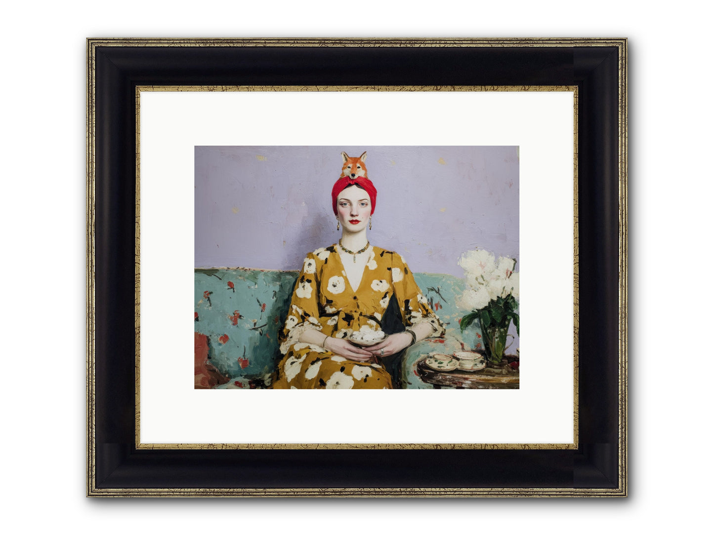 Tea With The Fox Framed Print - Black & Gold 12x9