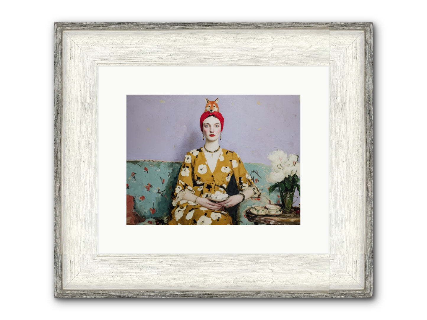 Tea With The Fox Framed Print - Driftwood White 12x9