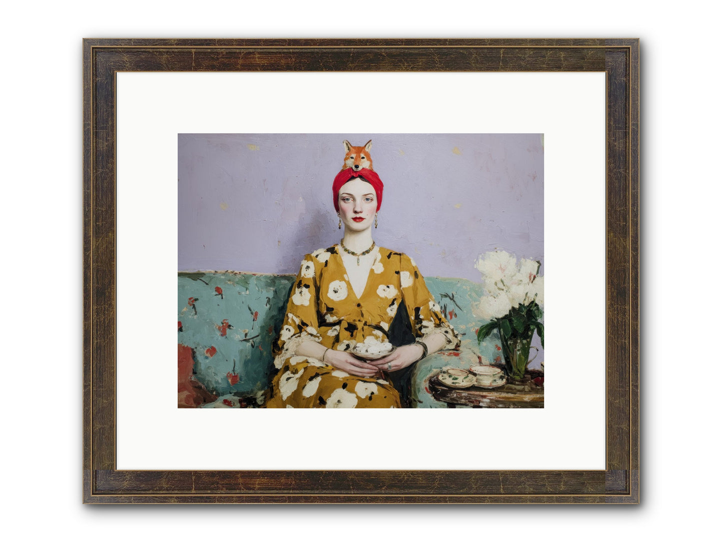 Tea With The Fox Framed Print - Slimwoods Black/Gold 12x9