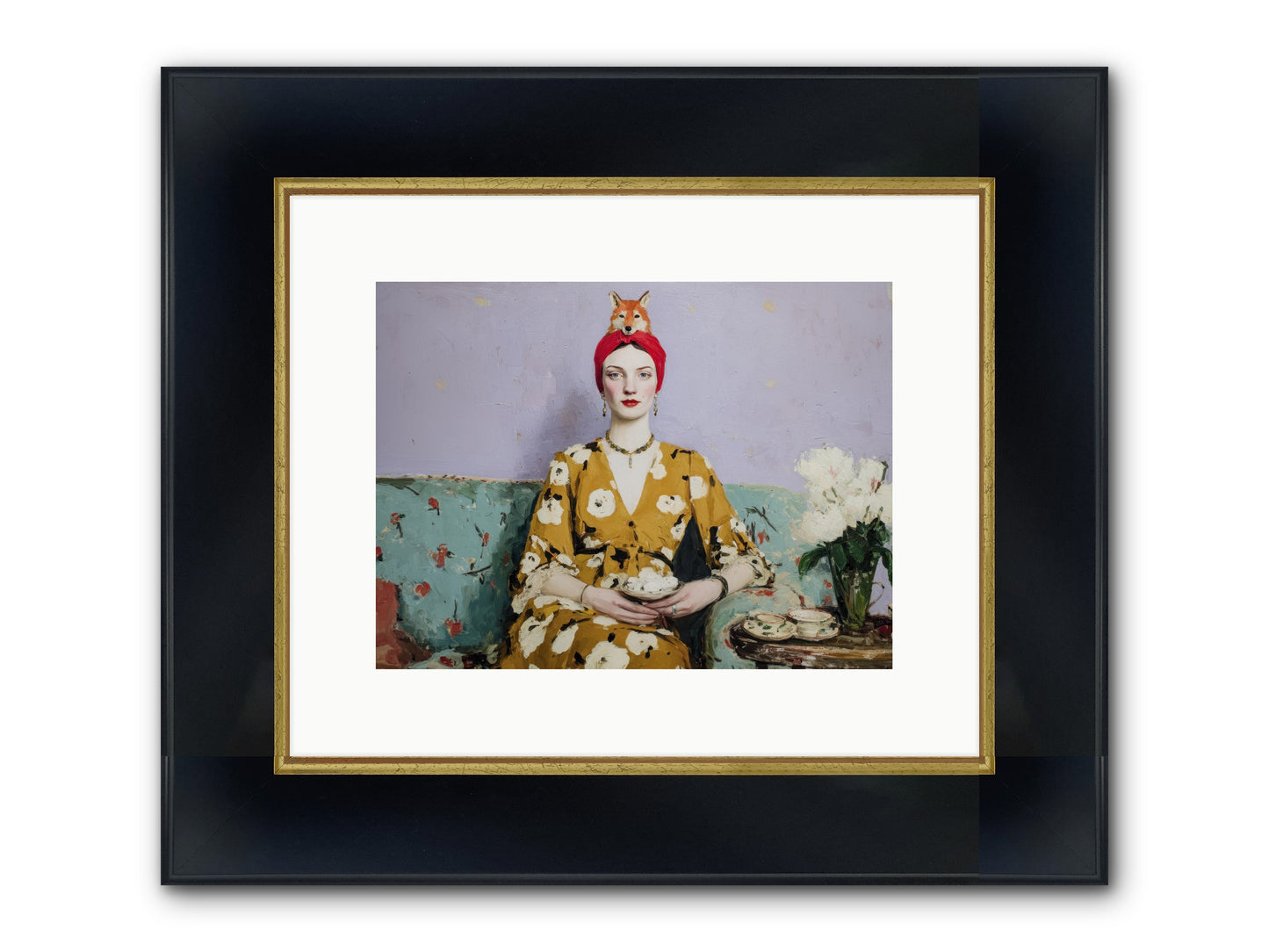 Tea With The Fox Framed Print - Wide Black w/Gold 12x9