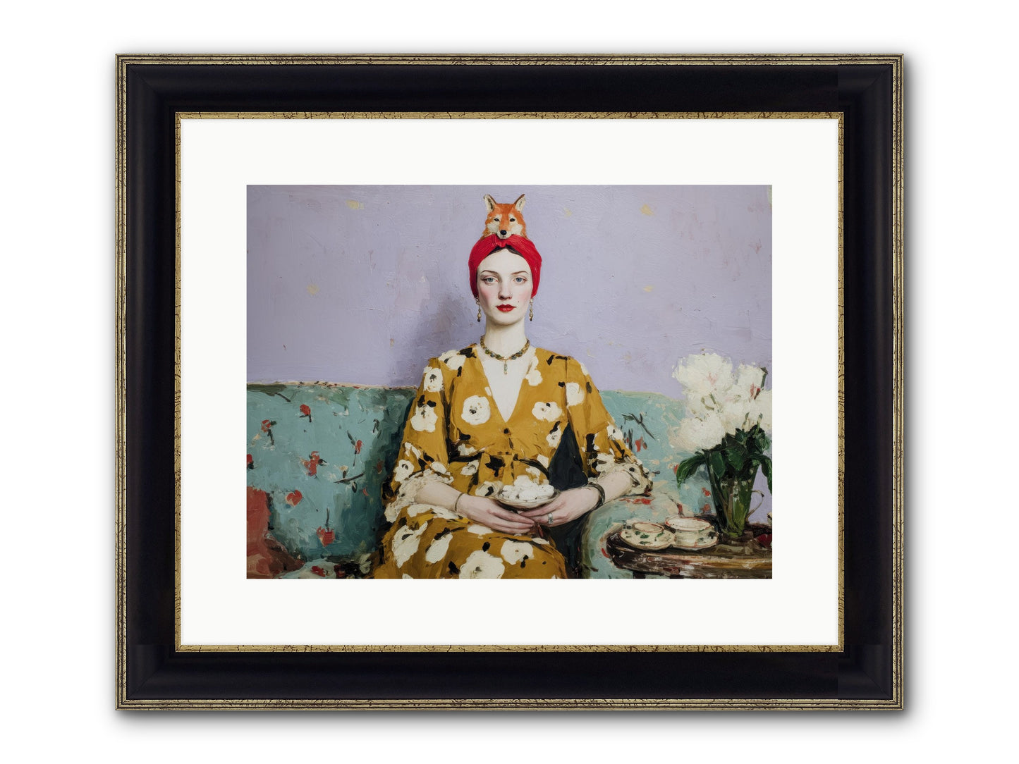 Tea With The Fox Framed Print - Black & Gold 16x12
