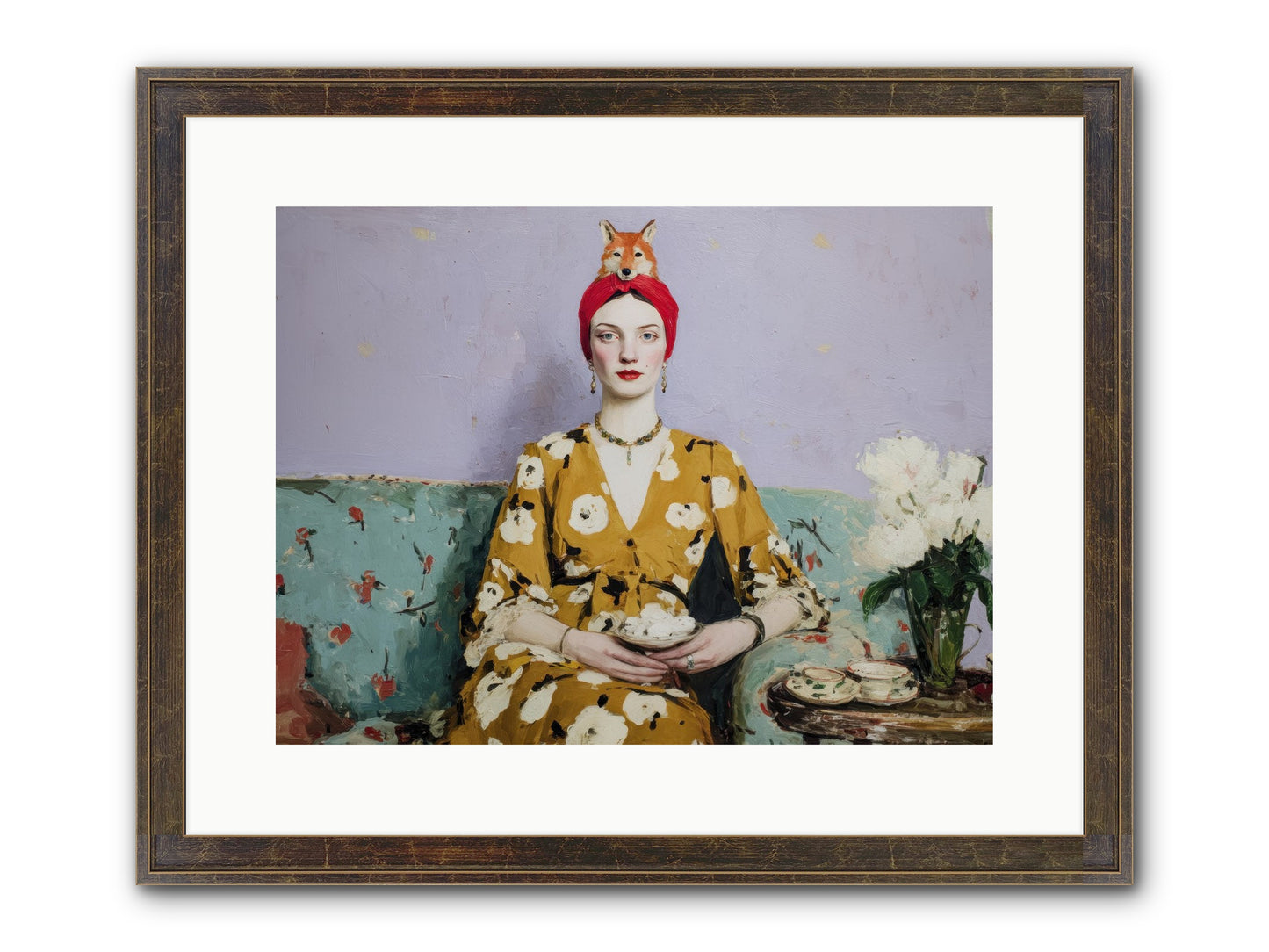 Tea With The Fox Framed Print - Slimwoods Black/Gold 16x12