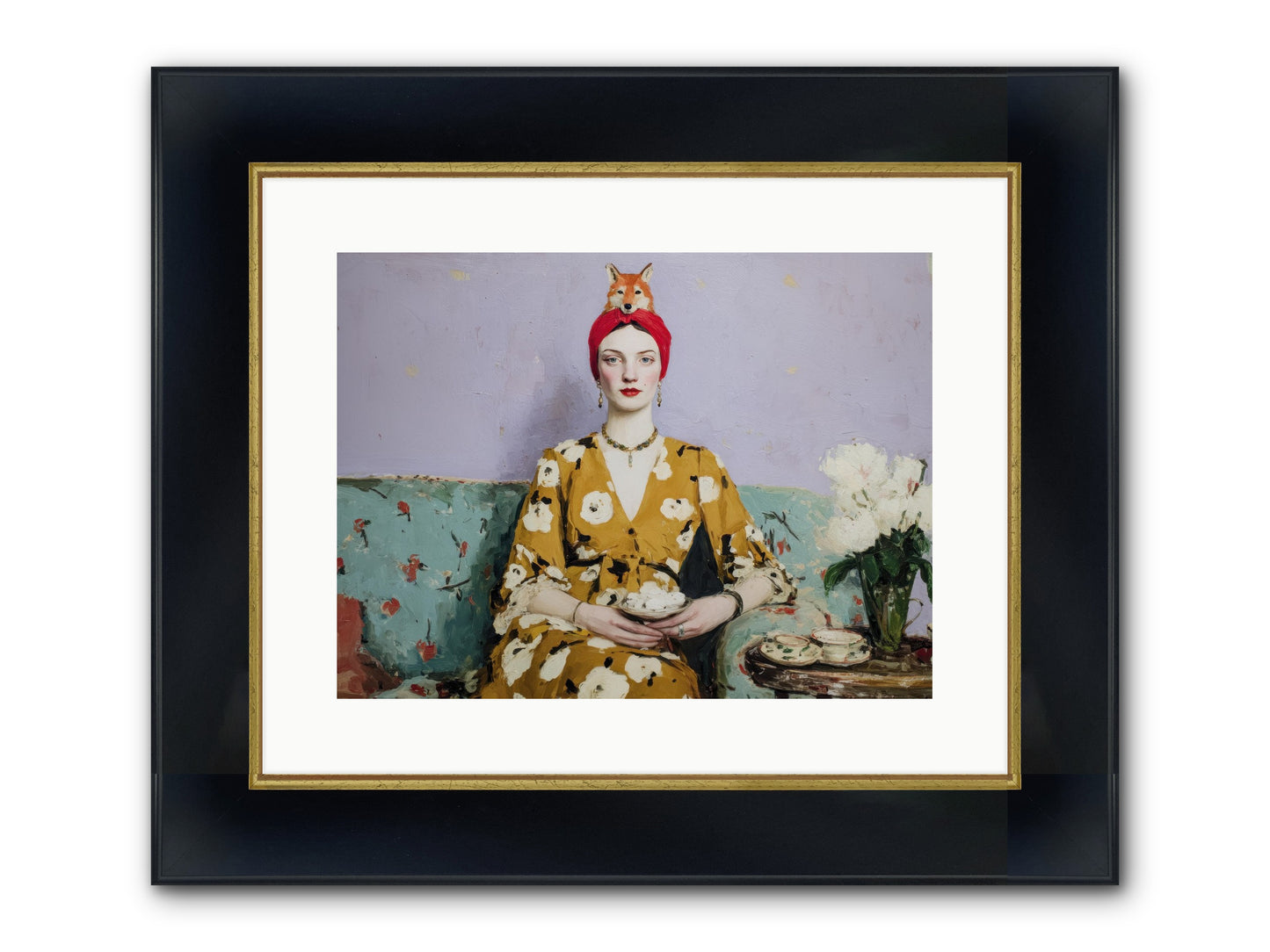 Tea With The Fox Framed Print - Wide Black w/Gold 16x12