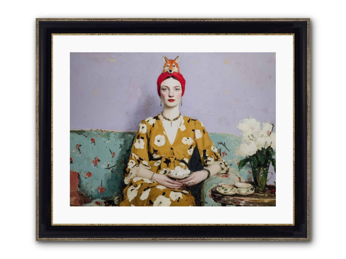 Tea With The Fox Framed Print - Black & Gold 24x18