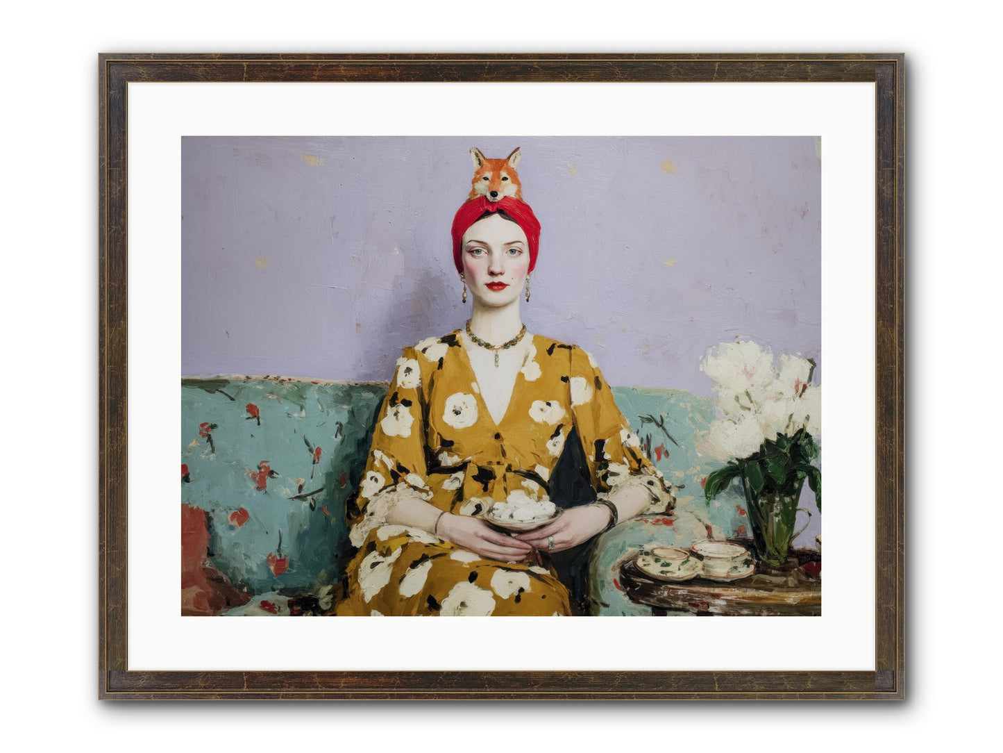 Tea With The Fox Framed Print - Slimwoods Black/Gold 24x18