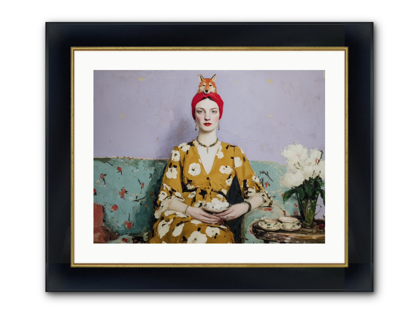 Tea With The Fox Framed Print - Wide Black w/Gold 24x18