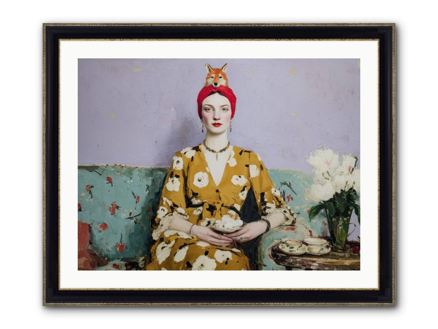 Tea With The Fox Framed Print - Black & Gold 32x24