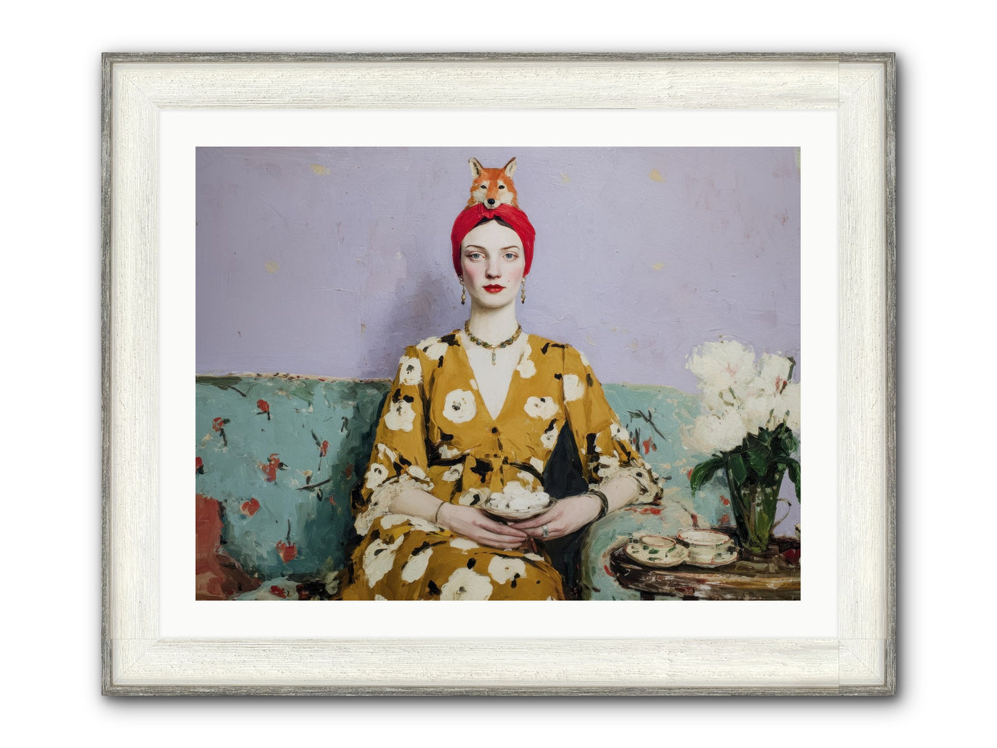 Tea With The Fox Framed Print - Driftwood White 32x24