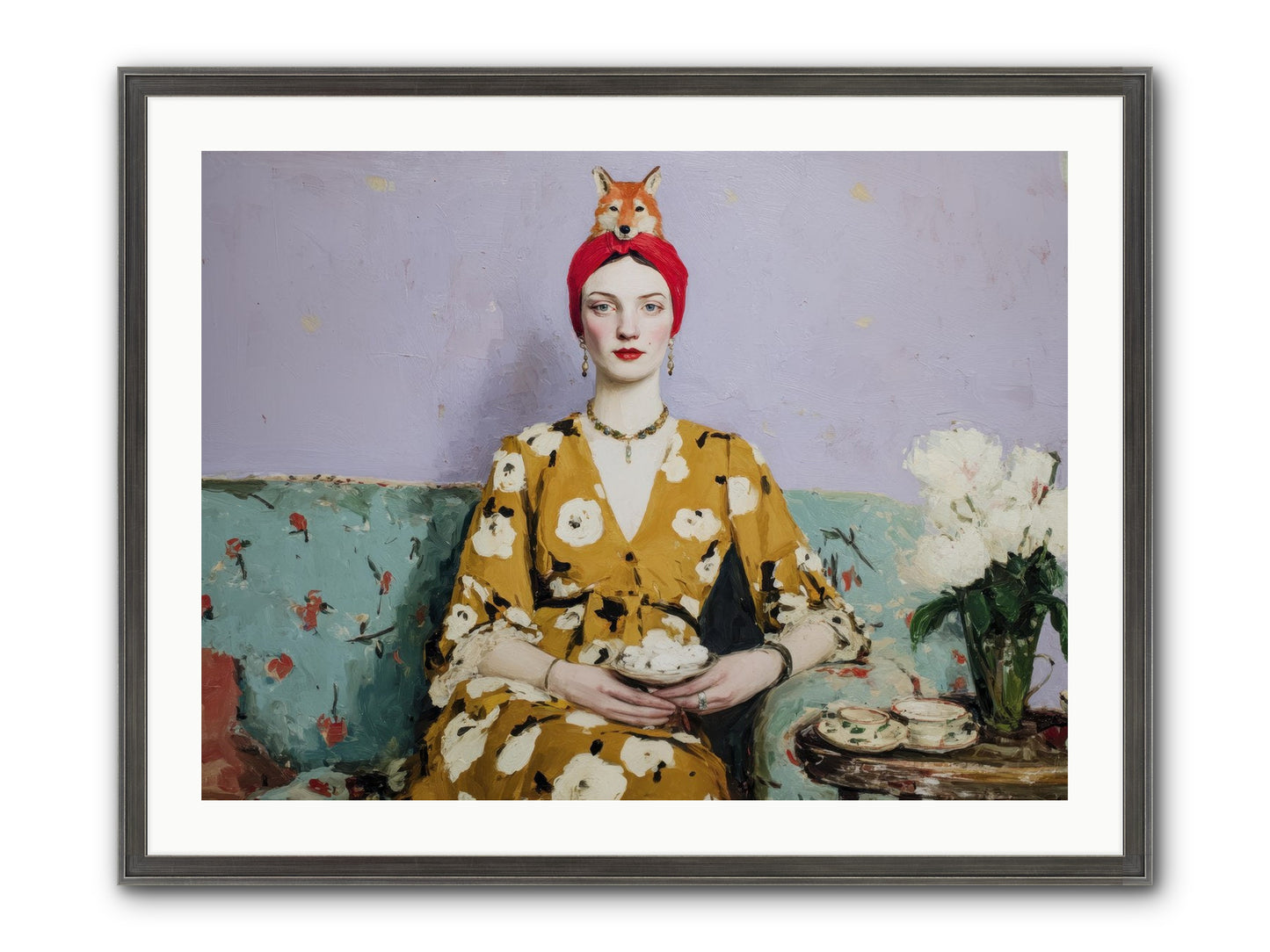 Tea With The Fox Framed Print - Slimwoods Black/Silver 32x24